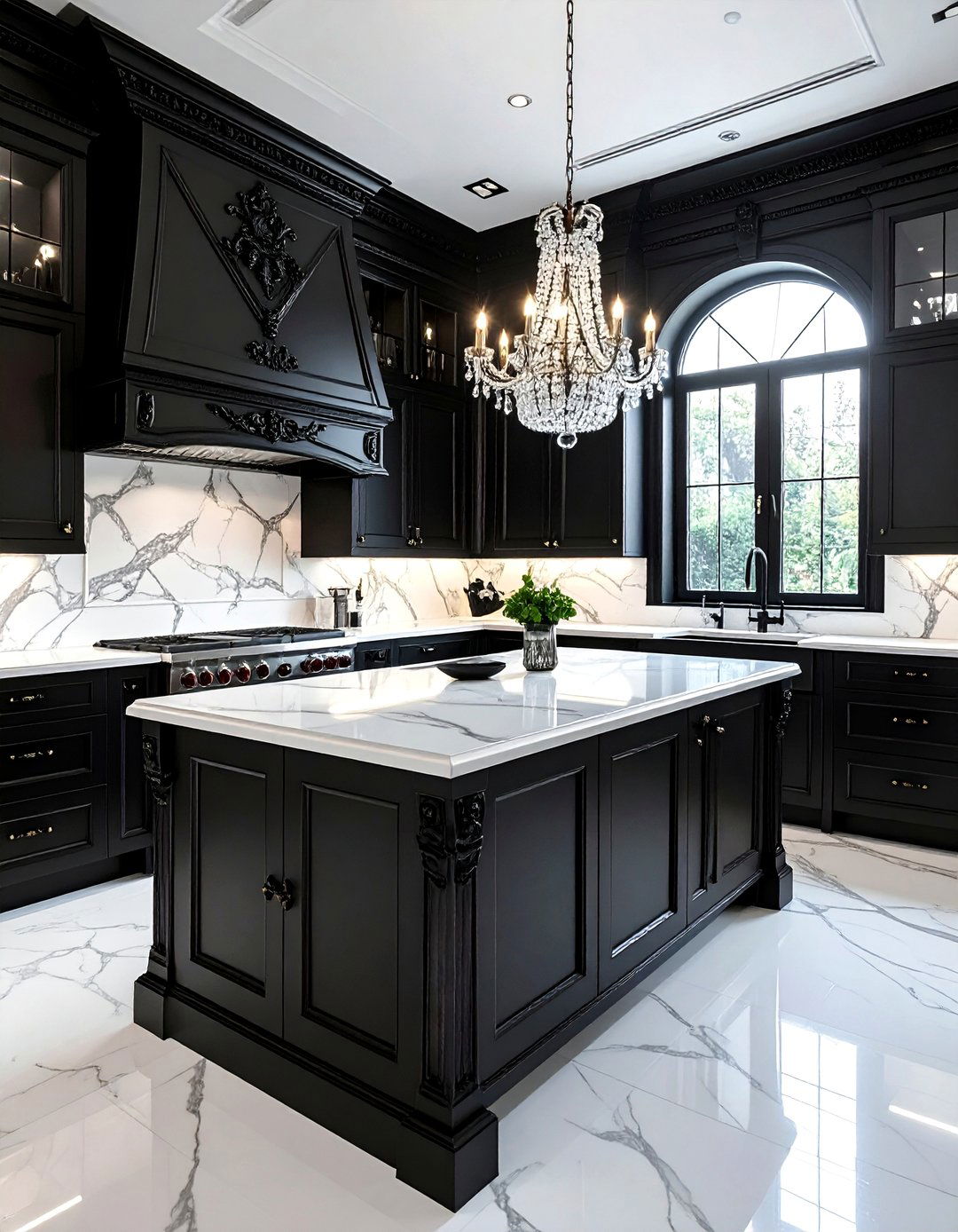 Ornate Black Cabinets with White Statuario Marble Countertops - 15 Black Kitchen Cabinets With White Countertops Ideas