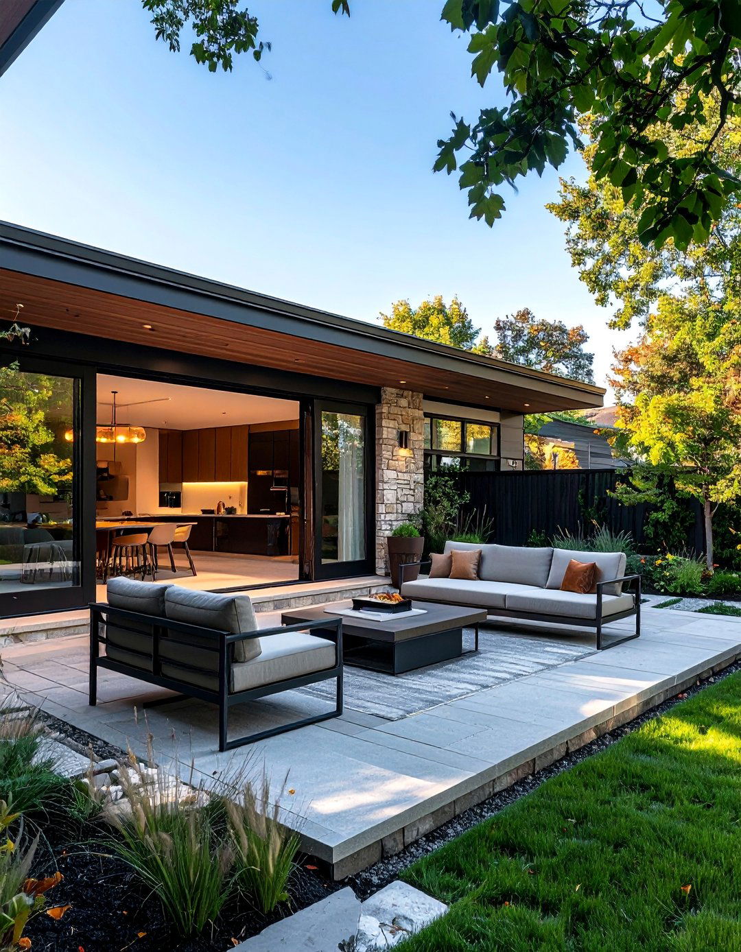 Outdoor Living Space Integration in a Transitional Home Exterior - 30 Transitional Home Exterior Ideas for Modern Appeal