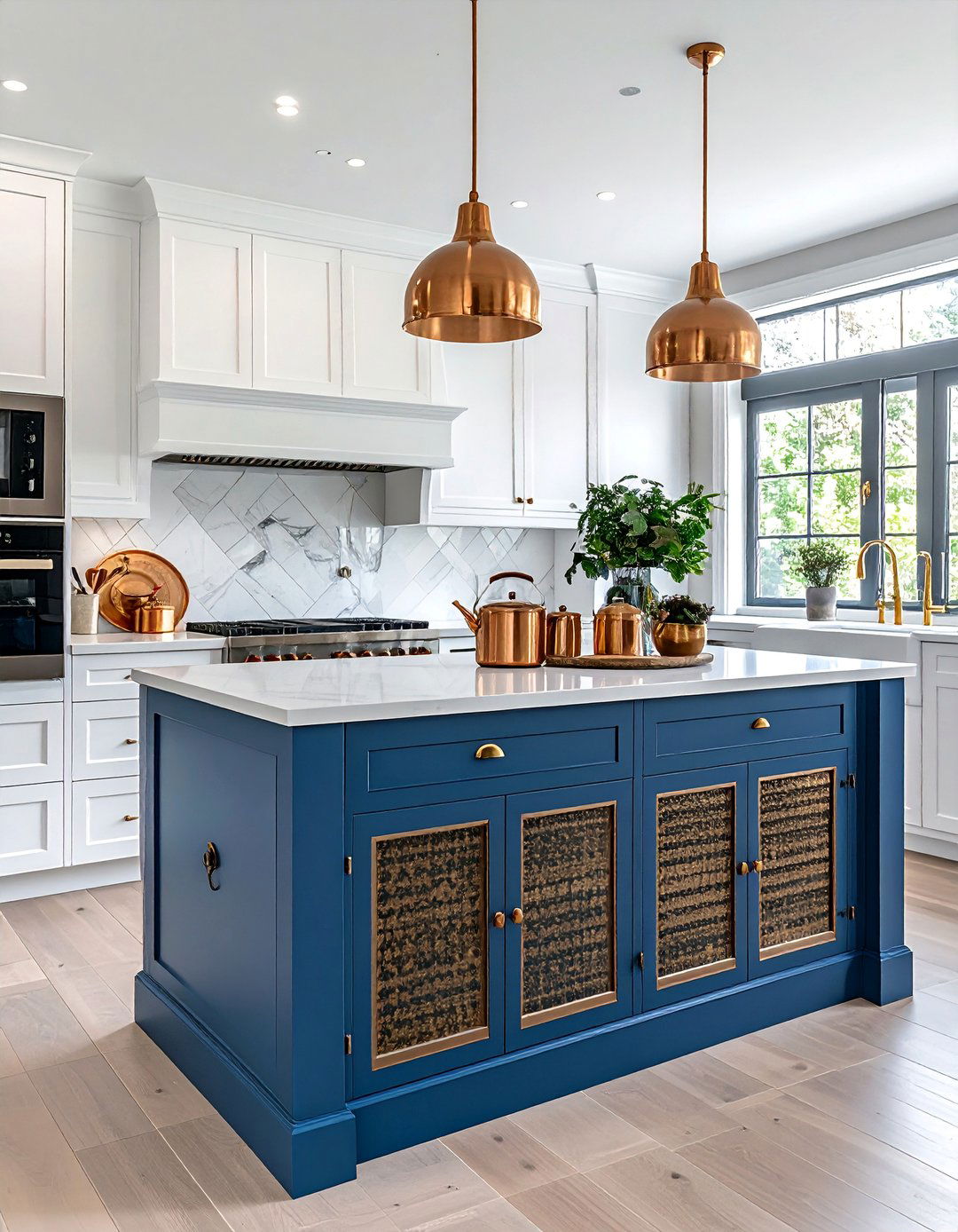 Oxford Blue Island with Brass Mesh Inserts - 30 White Kitchen Cabinets With Blue Island Design Ideas