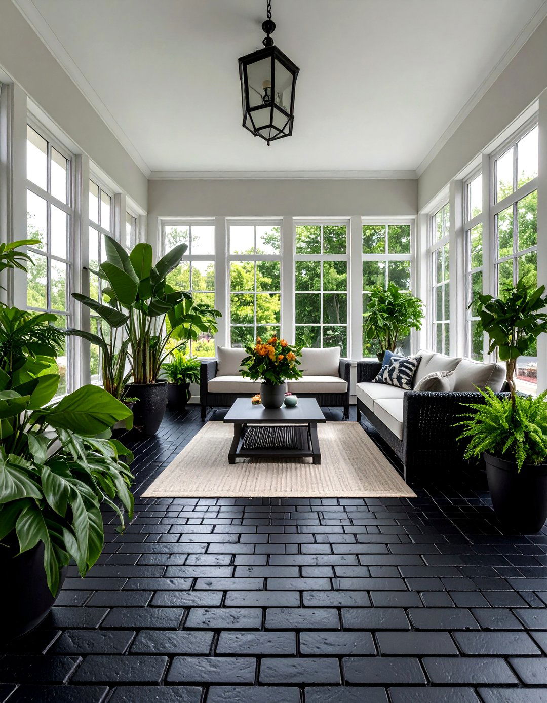 Painted Black Brick Floor Sunroom - 20 Brick Floor Sunroom Ideas for a Rustic Charm