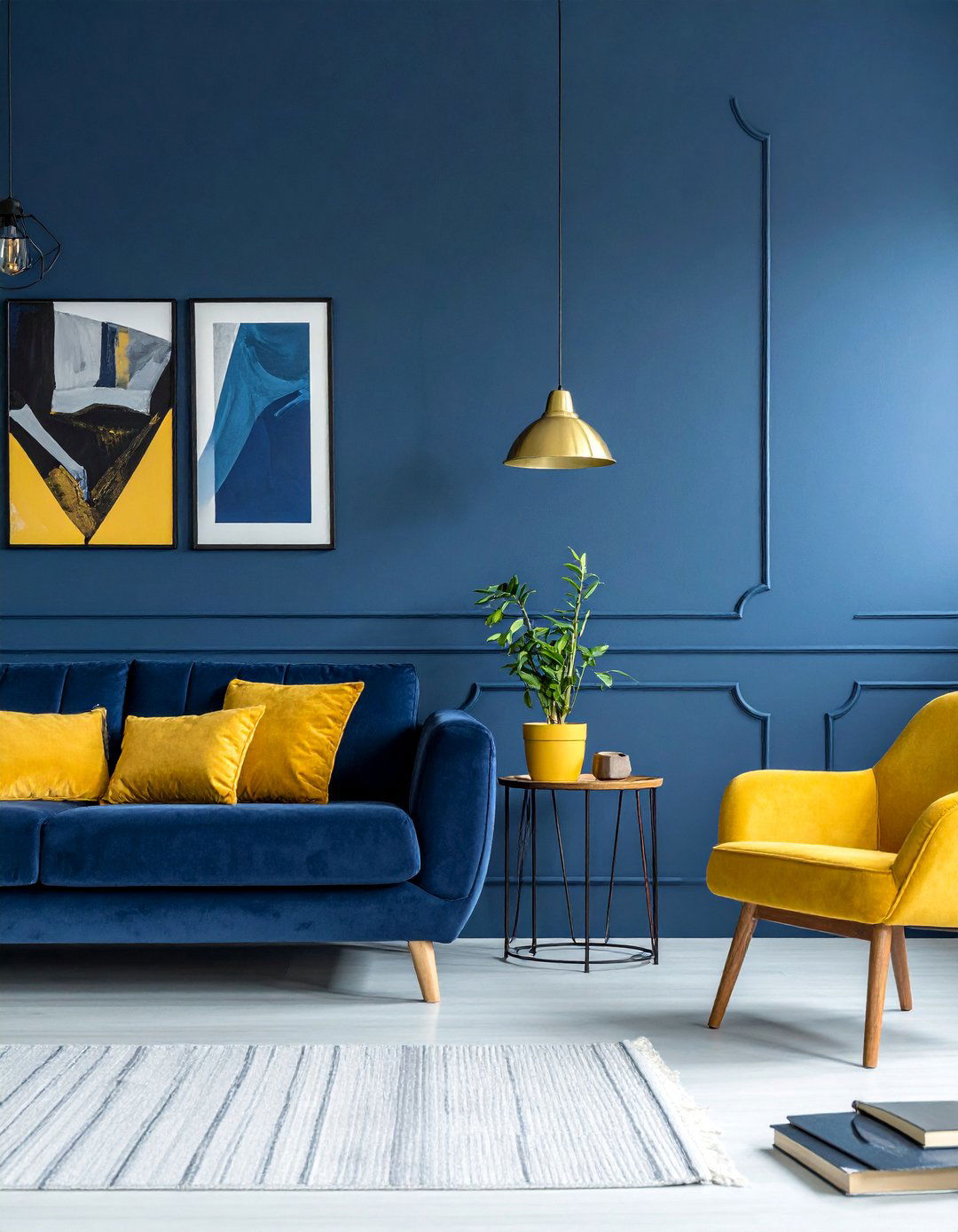 Pairing Navy Blue with Bright Pops of Yellow - 25 Navy Blue Living Room Ideas for a Stylish Space