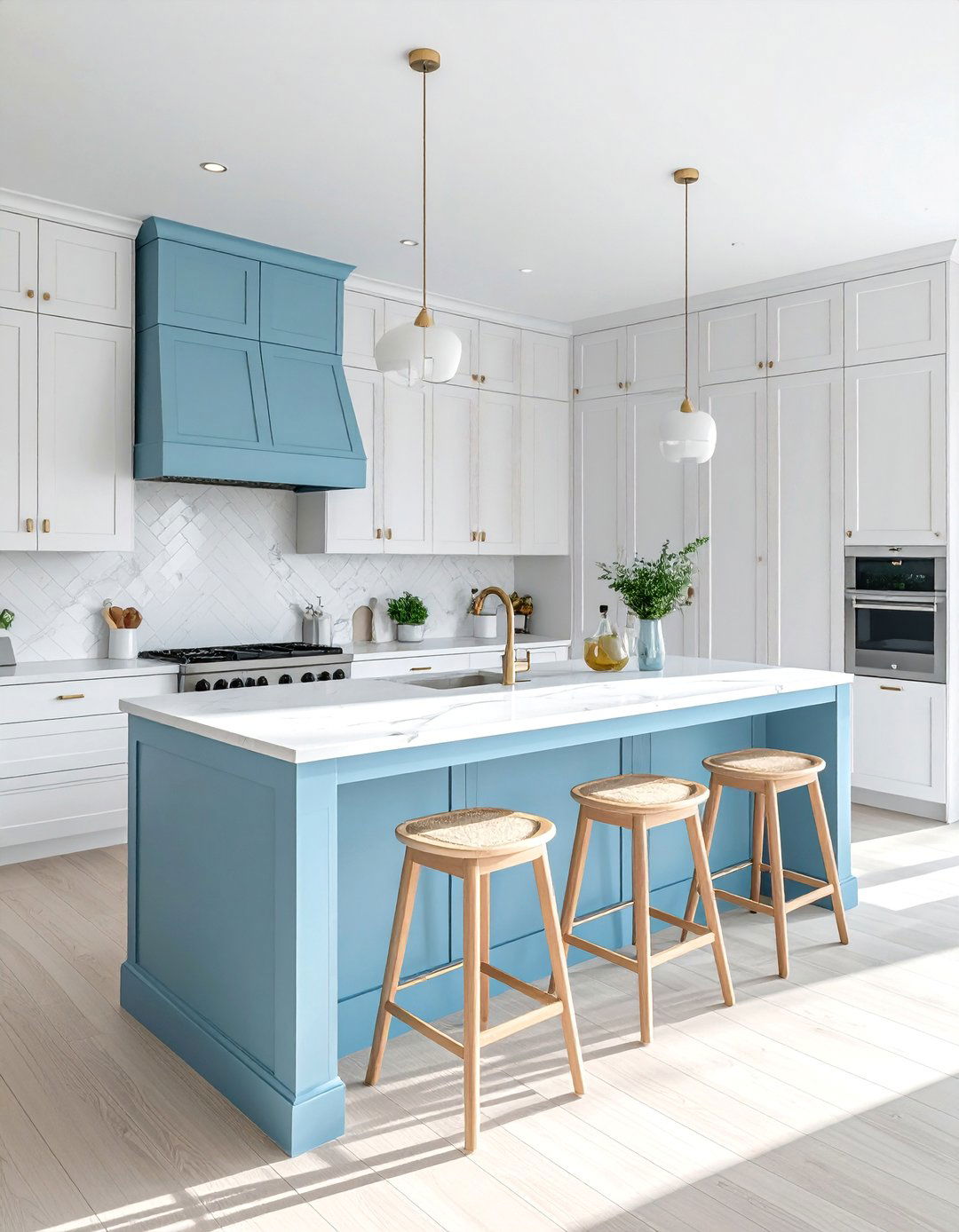 Pale Blue Island with an Extended Breakfast Bar - 30 White Kitchen Cabinets With Blue Island Design Ideas