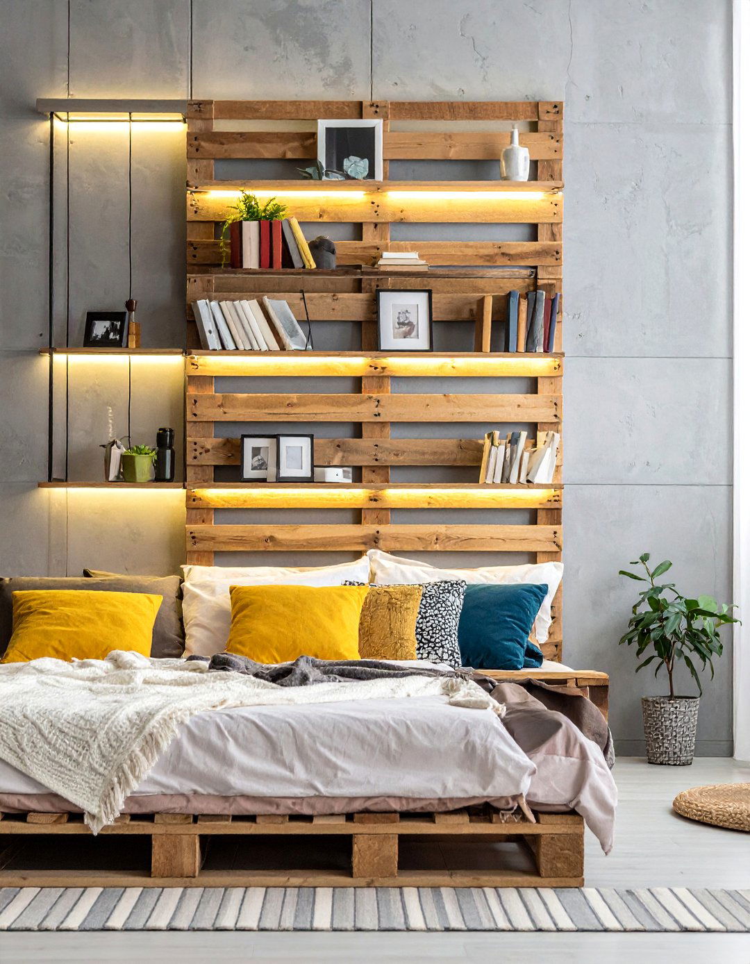 Pallet Headboard with Built in Shelves - 40 Creative Pallet Furniture Ideas for Your Home