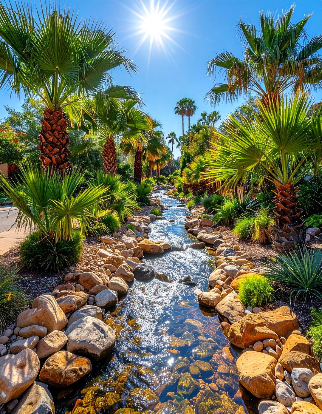 Palm Trees Integrated with a Dry Creek Bed - 35 Front Yard Palm Tree Landscape Design Ideas