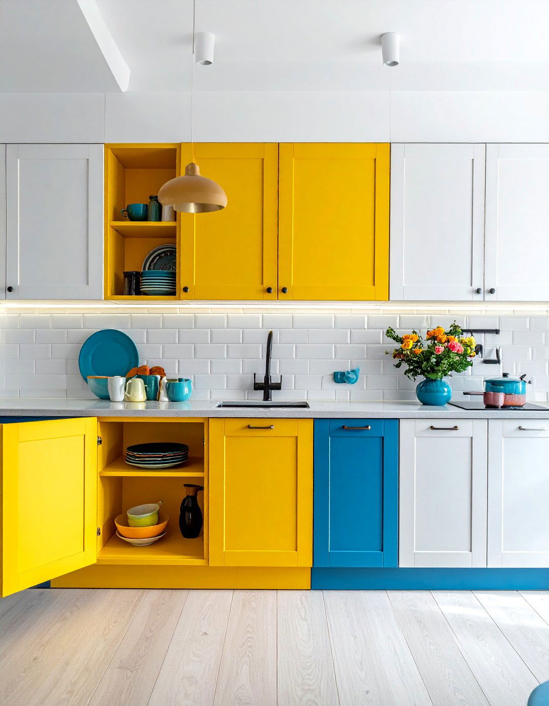 Peacock Blue Island with a Contrasting Interior - 30 White Kitchen Cabinets With Blue Island Design Ideas