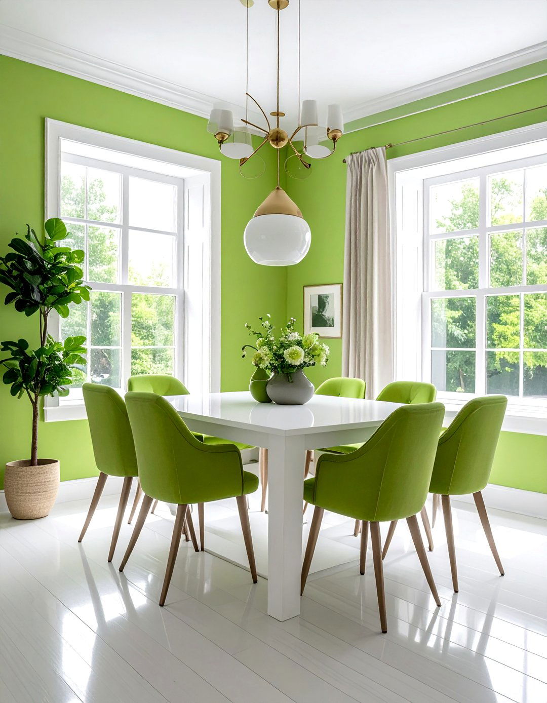 Pear Green Dining Room with White Trim and Accents - 40 Green Dining Room Ideas for a Fresh Look
