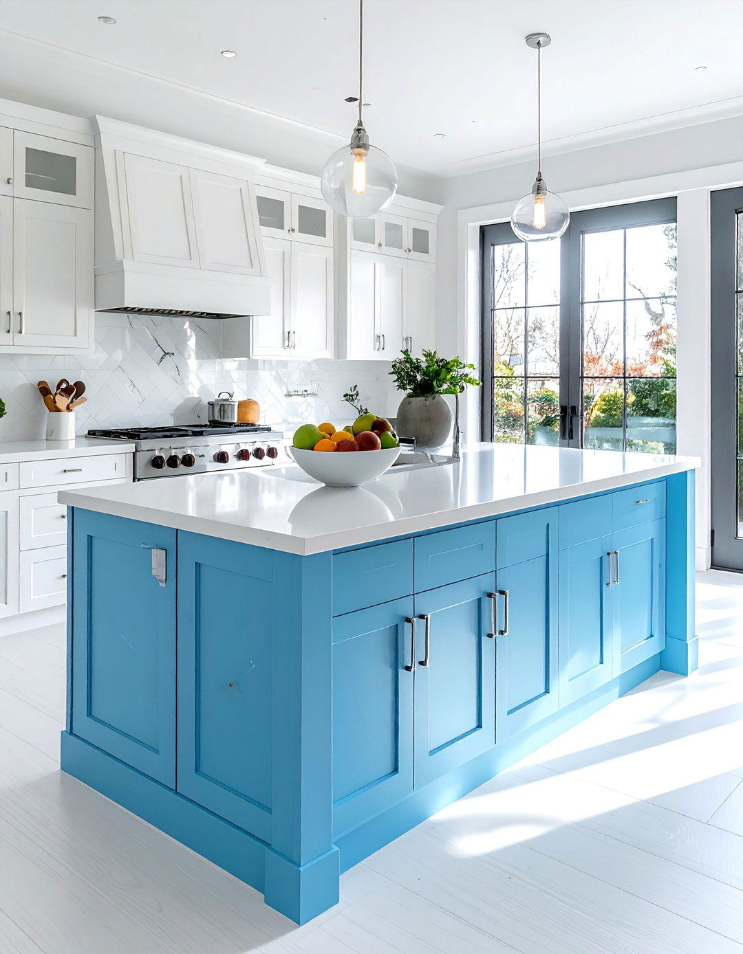 Periwinkle Blue Island with Chrome Hardware - 30 White Kitchen Cabinets With Blue Island Design Ideas