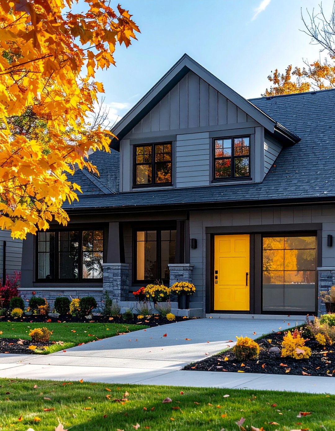 Pewter Gray with a Bright Yellow Door - 40 Gray Exterior House Paint Ideas for Modern Homes
