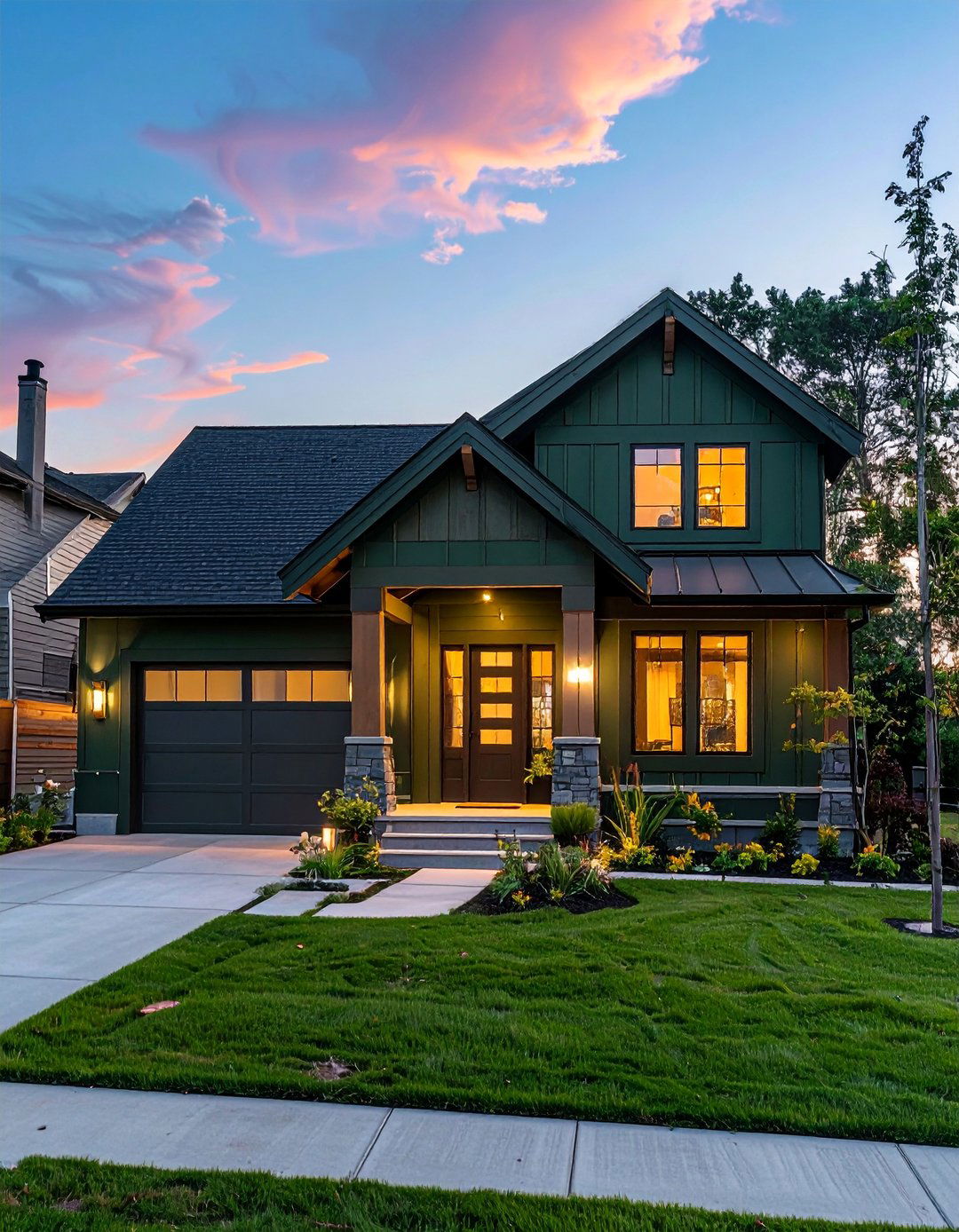Pewter Green with Brass Light Fixtures - 40 Dark Green Exterior Paint Color Schemes for Bold Homes