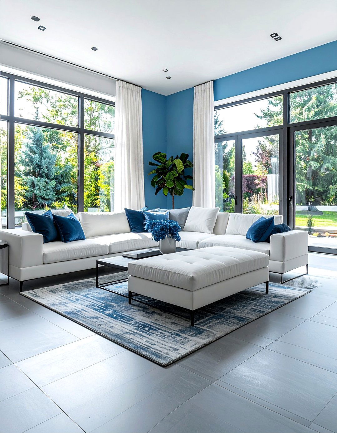 Pewter Grey Large Format Tiles with Ice Blue Walls - 20 Grey Floor Living Room With Blue Walls Ideas