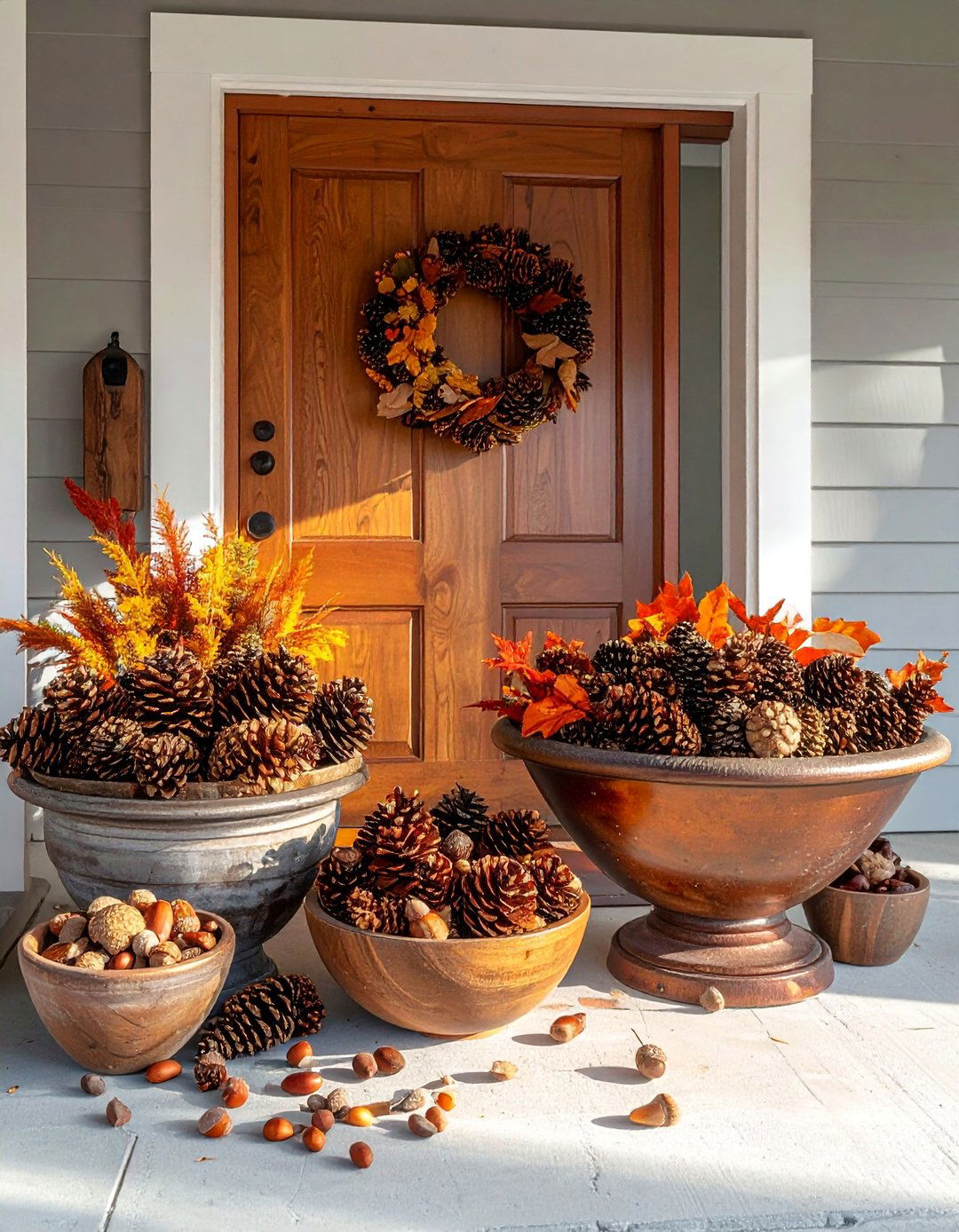 Pine Cone and Acorn Display - 30 Front Door Fall Decor Ideas to Welcome the Season