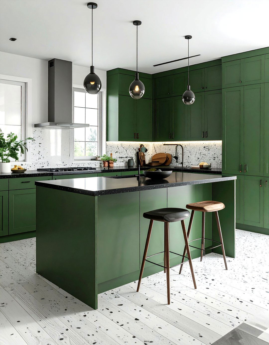 Pine Green Cabinets with a Black and White Terrazzo Countertop - 20 Green Kitchen Cabinets With Black Countertops Ideas