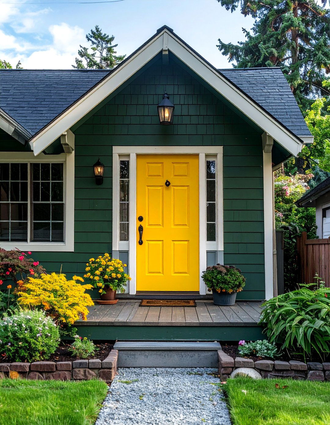Pine Green with a Bright Yellow Front Door - 40 Dark Green Exterior Paint Color Schemes for Bold Homes