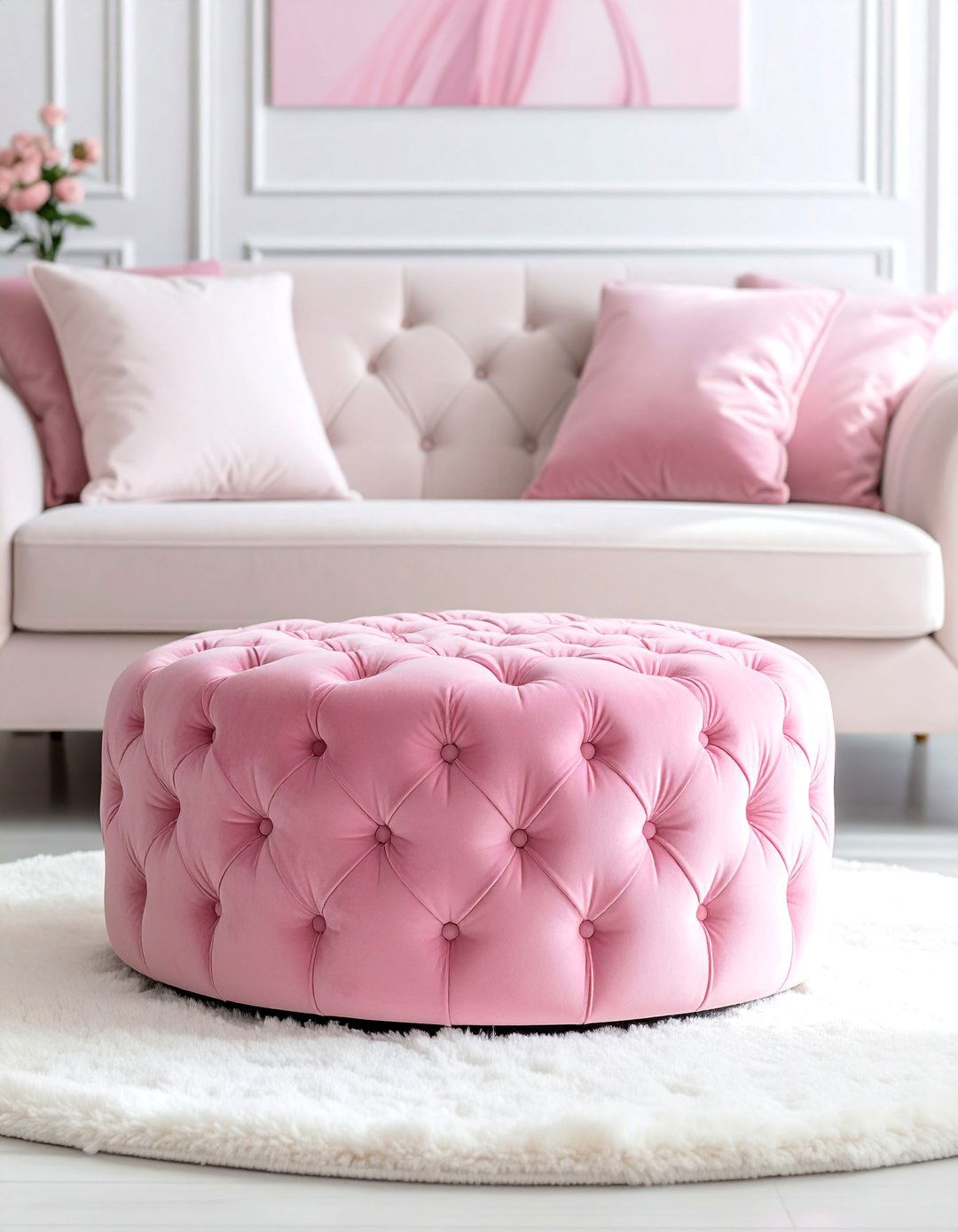 Pink Ottoman as a Functional Centerpiece - 20 Pink and White Living Room Ideas for a Cozy Look