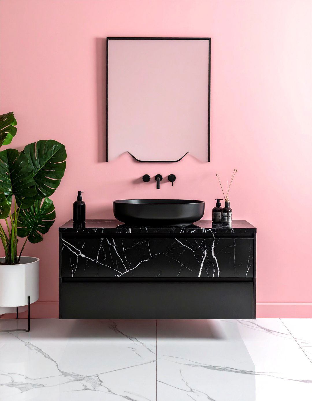 Pink and Black Bathroom Featuring a Black Marble Vanity - 25 Pink and Black Bathroom Ideas for a Bold and Chic Design