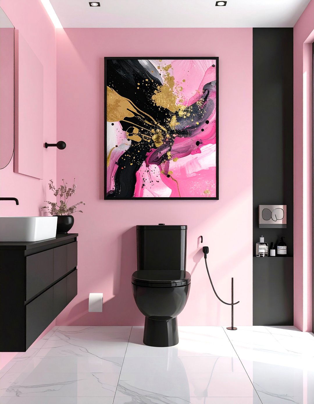 Pink and Black Bathroom with Abstract Art - 25 Pink and Black Bathroom Ideas for a Bold and Chic Design