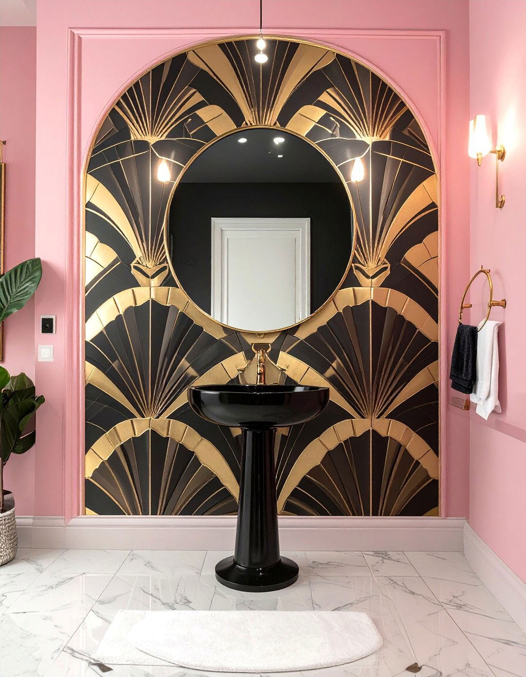 Pink and Black Bathroom with Art Deco Wallpaper - 25 Pink and Black Bathroom Ideas for a Bold and Chic Design