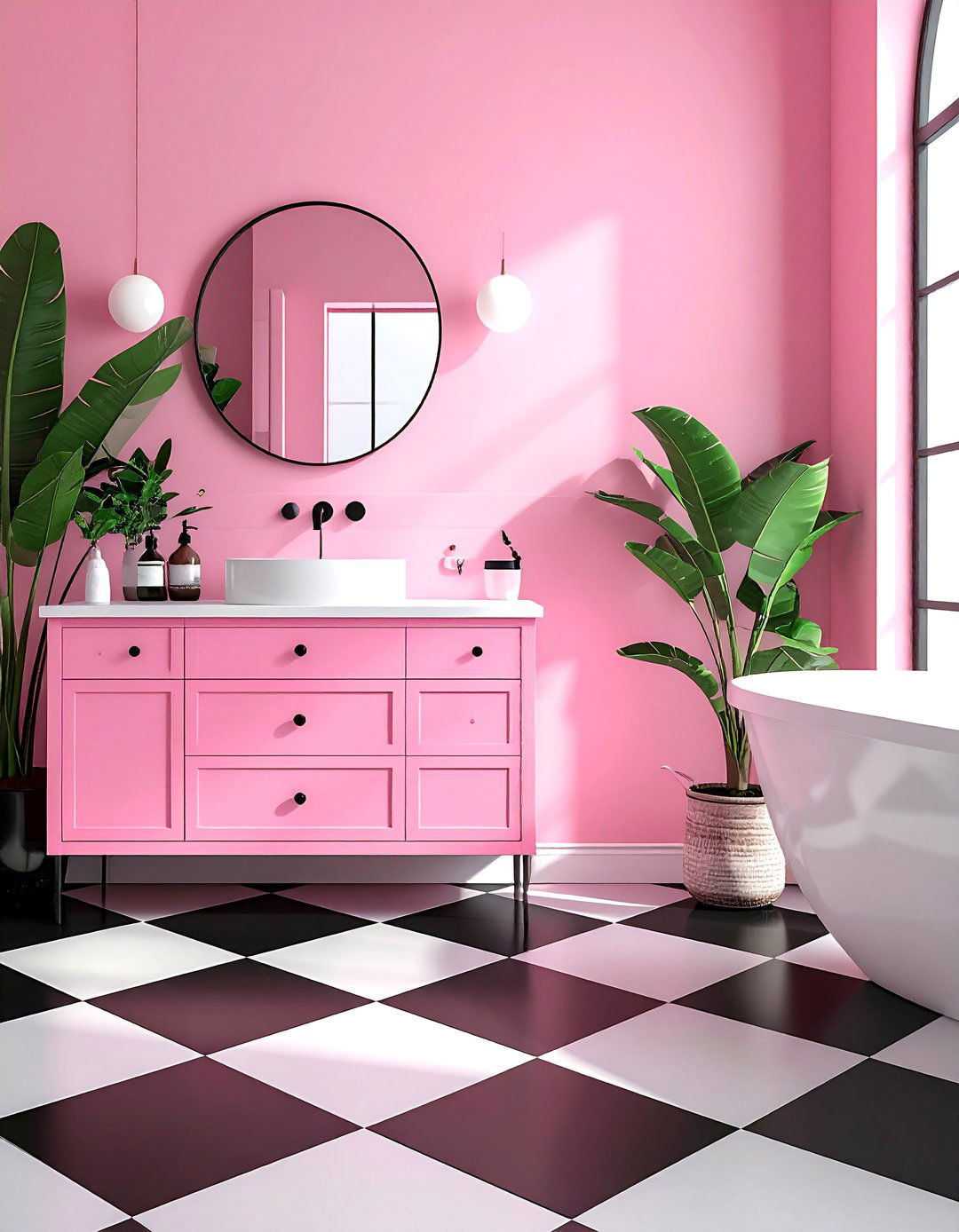 Pink and Black Bathroom with Checkered Flooring - 25 Pink and Black Bathroom Ideas for a Bold and Chic Design