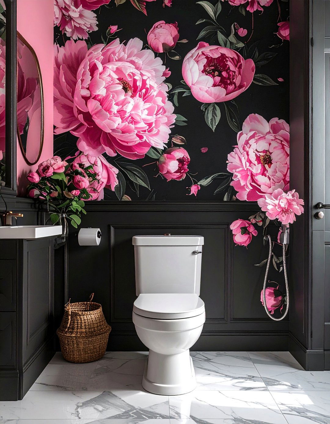 Pink and Black Bathroom with Floral Wallpaper - 25 Pink and Black Bathroom Ideas for a Bold and Chic Design