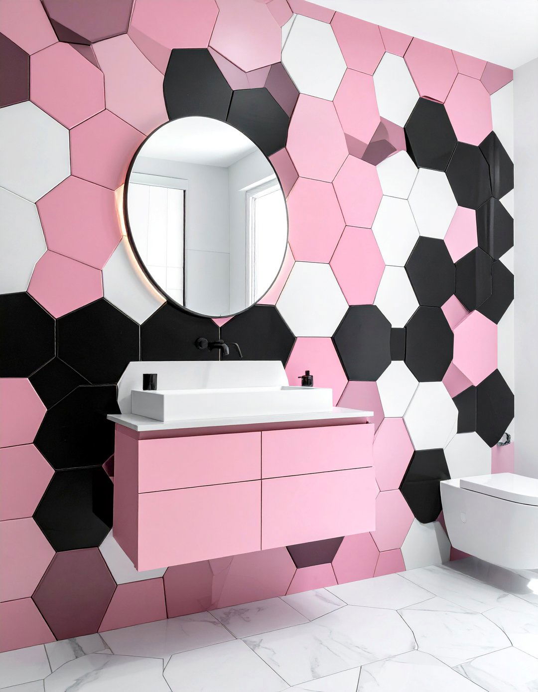 Pink and Black Bathroom with Geometric Wall Tiles - 25 Pink and Black Bathroom Ideas for a Bold and Chic Design