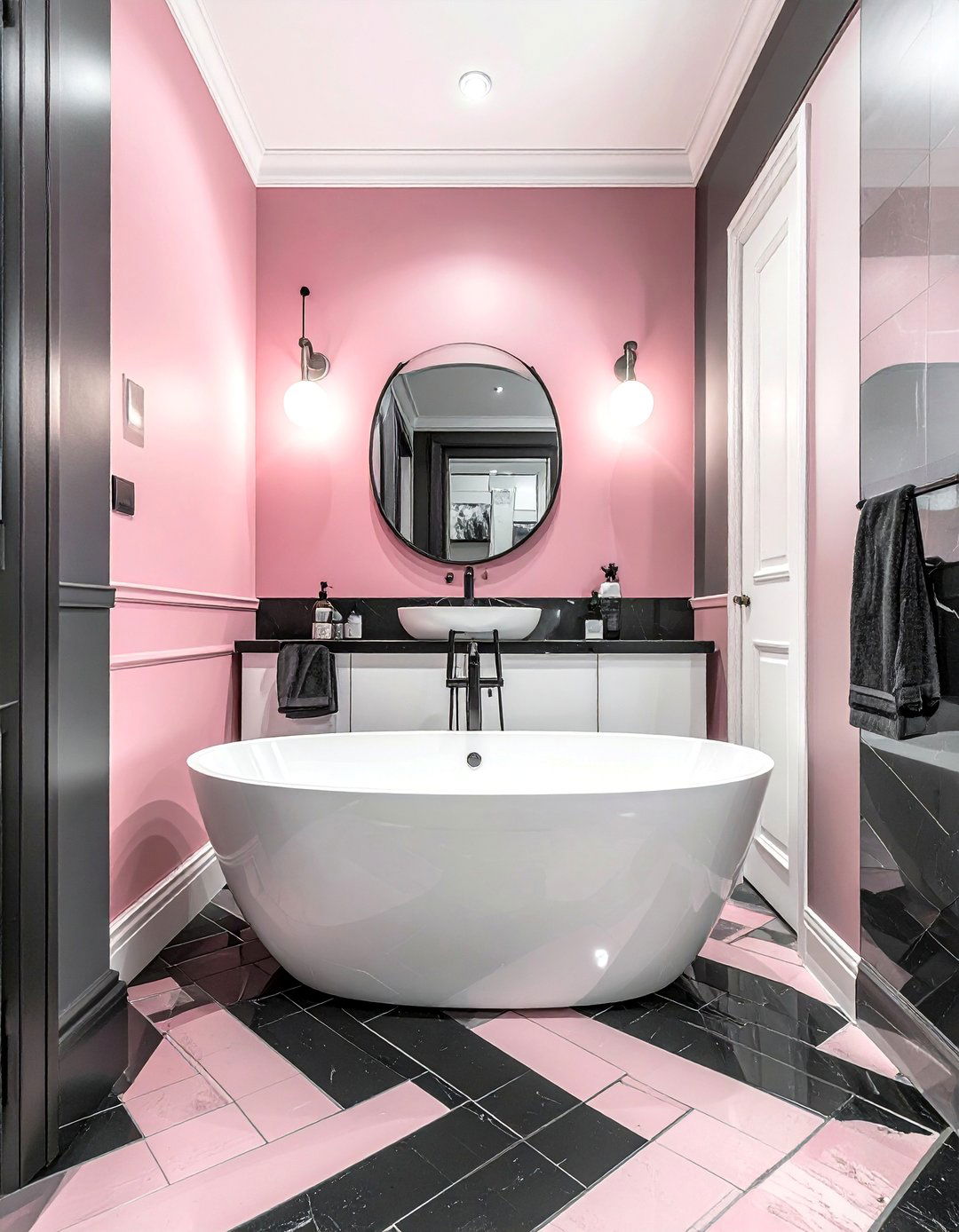Pink and Black Bathroom with Herringbone Tile Pattern - 25 Pink and Black Bathroom Ideas for a Bold and Chic Design