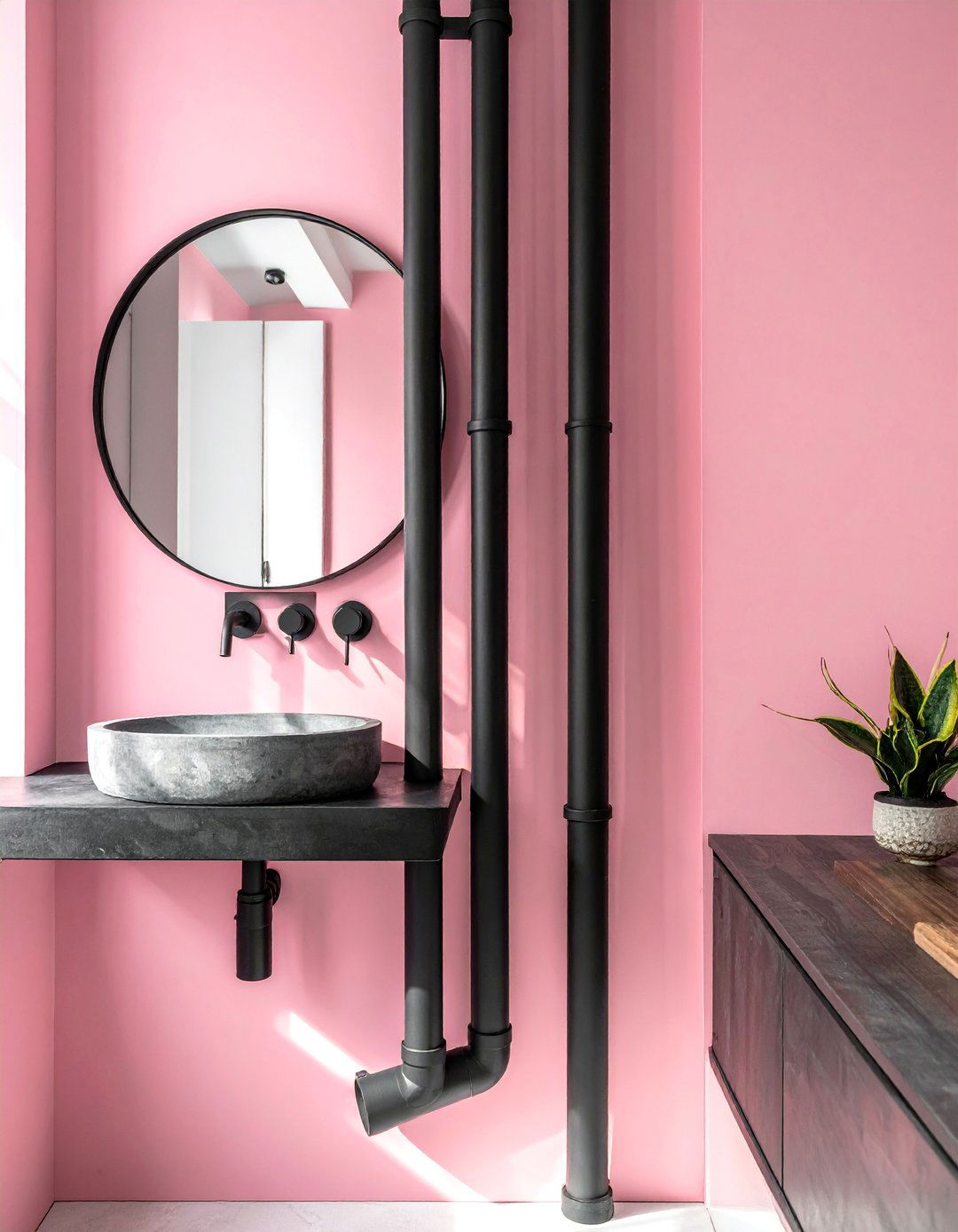Pink and Black Bathroom with Industrial Exposed Piping - 25 Pink and Black Bathroom Ideas for a Bold and Chic Design