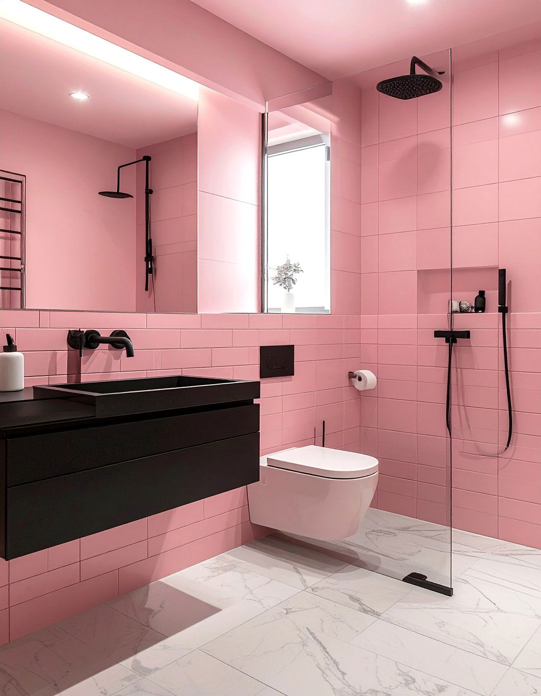 Pink and Black Bathroom with Matte Black Fixtures - 25 Pink and Black Bathroom Ideas for a Bold and Chic Design