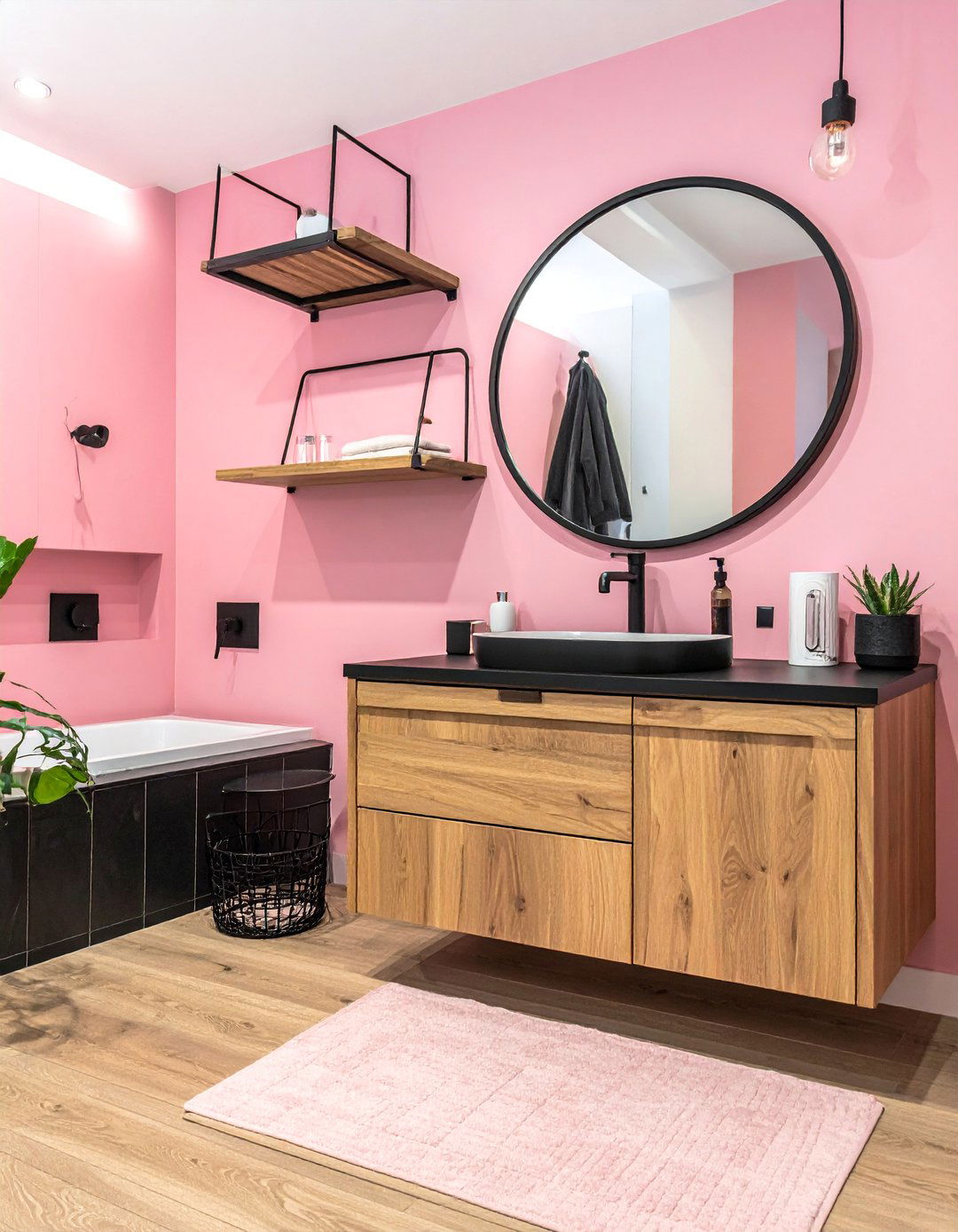 Pink and Black Bathroom with Natural Wood Elements - 25 Pink and Black Bathroom Ideas for a Bold and Chic Design