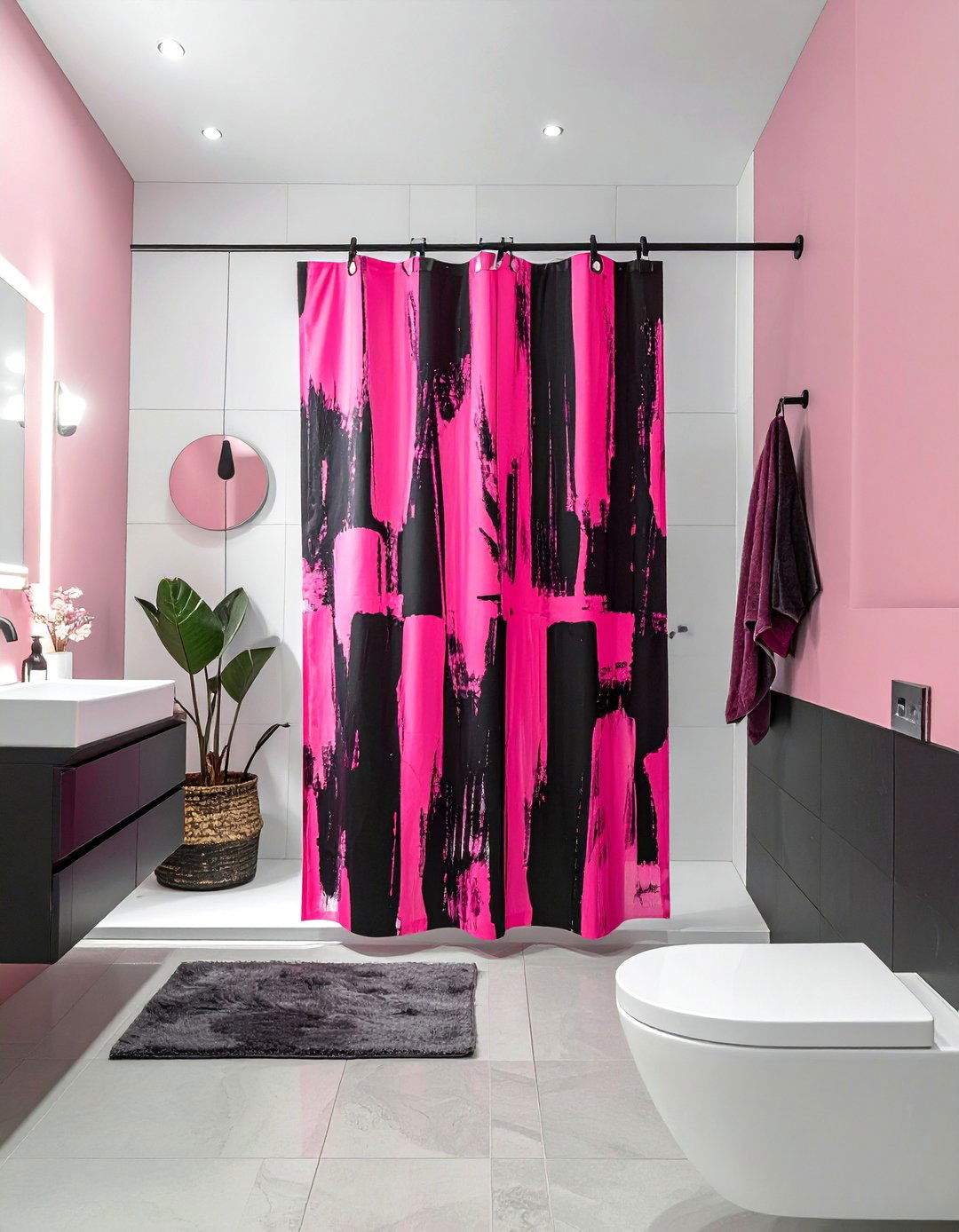 Pink and Black Bathroom with Patterned Curtains - 25 Pink and Black Bathroom Ideas for a Bold and Chic Design