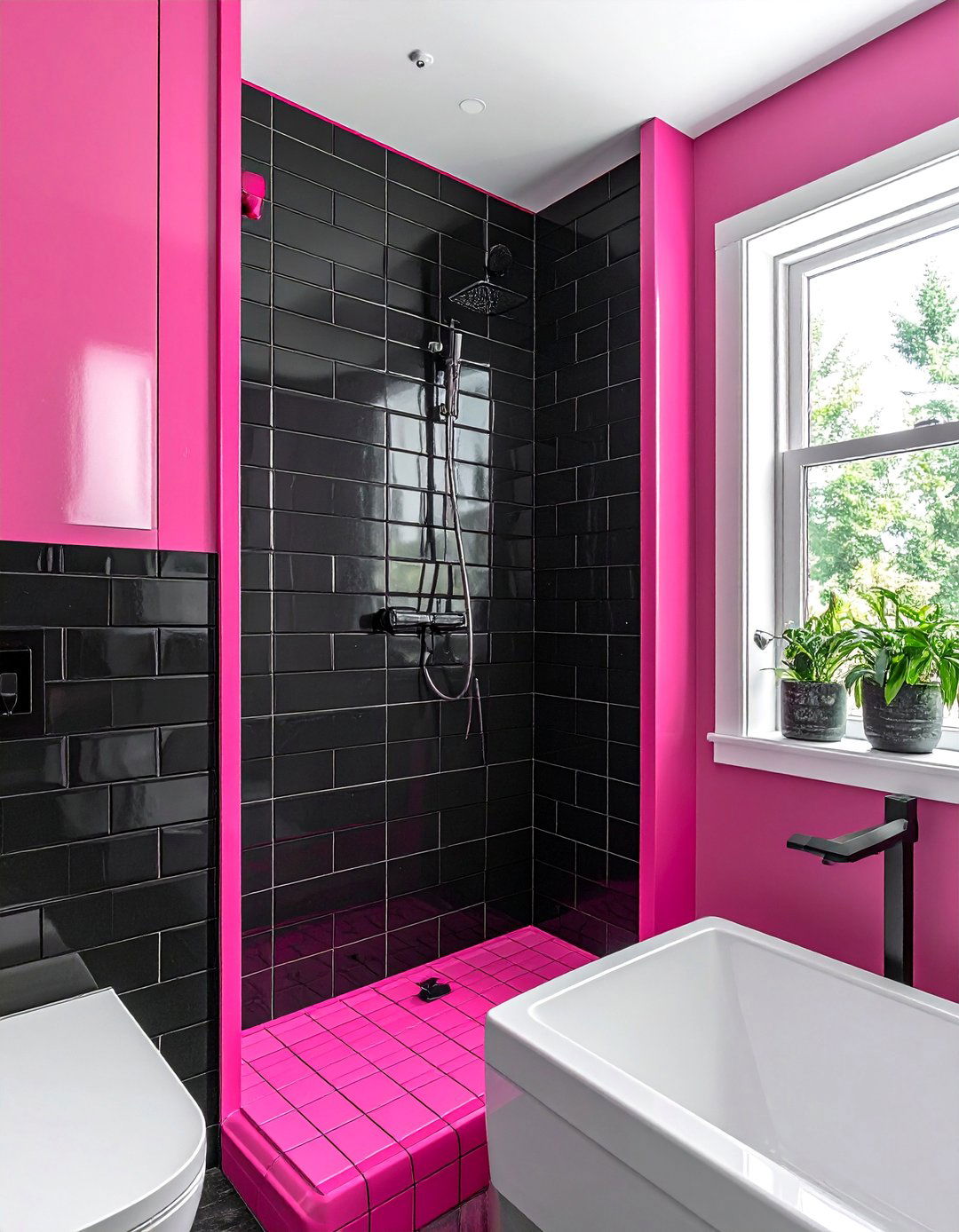 Pink and Black Bathroom with Pink Grout - 25 Pink and Black Bathroom Ideas for a Bold and Chic Design