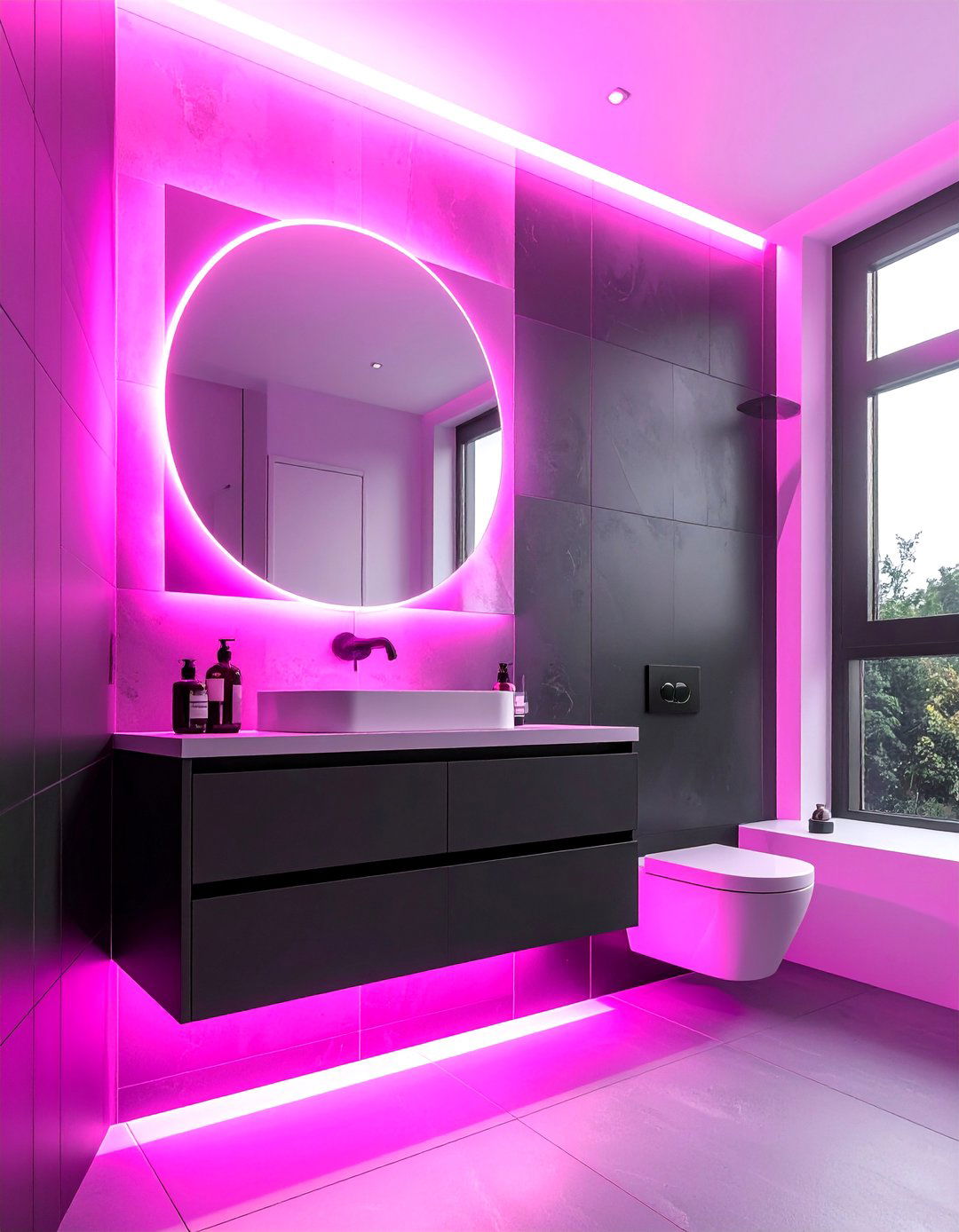Pink and Black Bathroom with Smart Lighting - 25 Pink and Black Bathroom Ideas for a Bold and Chic Design