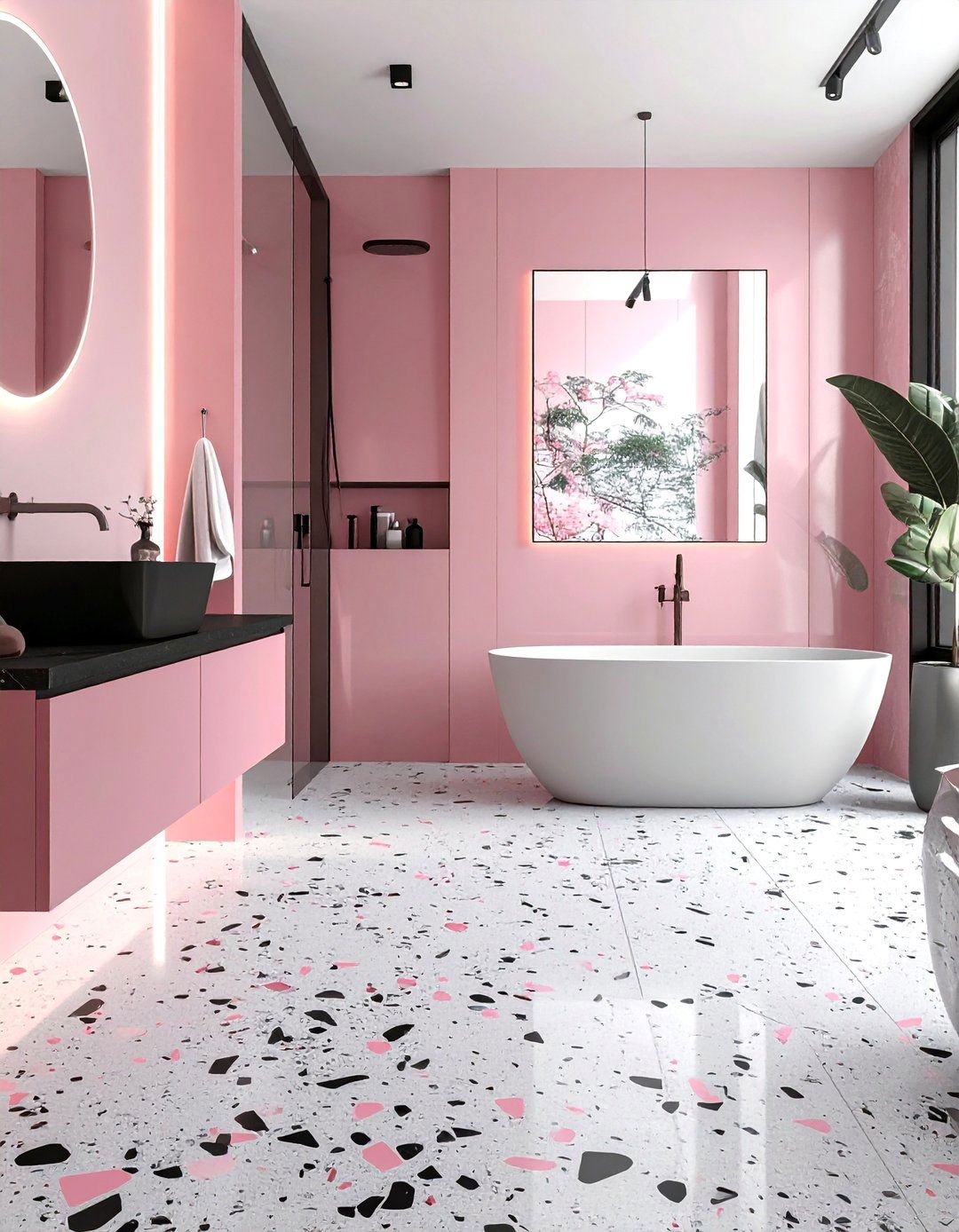 Pink and Black Bathroom with Terrazzo Elements - 25 Pink and Black Bathroom Ideas for a Bold and Chic Design