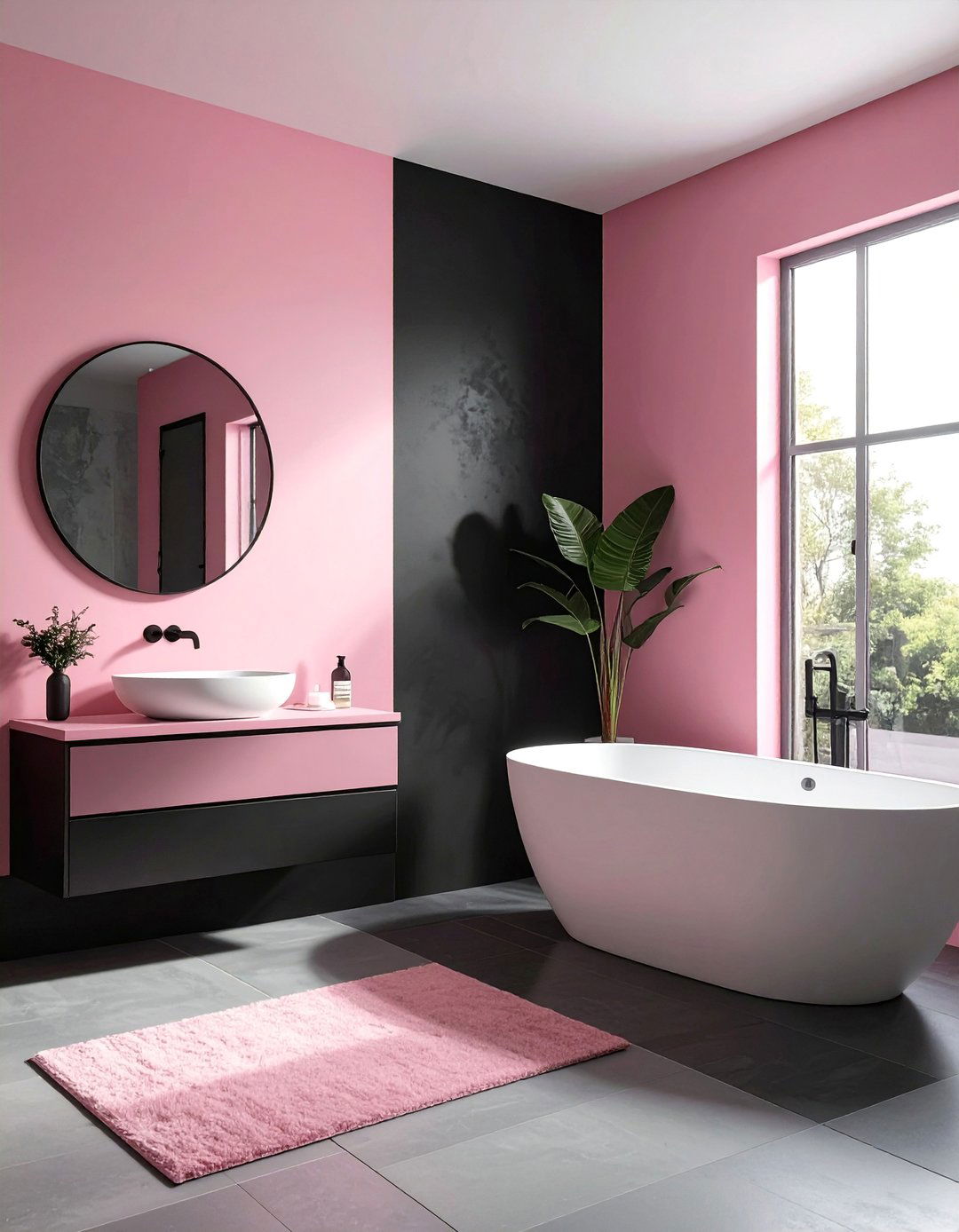 Pink and Black Bathroom with Two Tone Walls - 25 Pink and Black Bathroom Ideas for a Bold and Chic Design