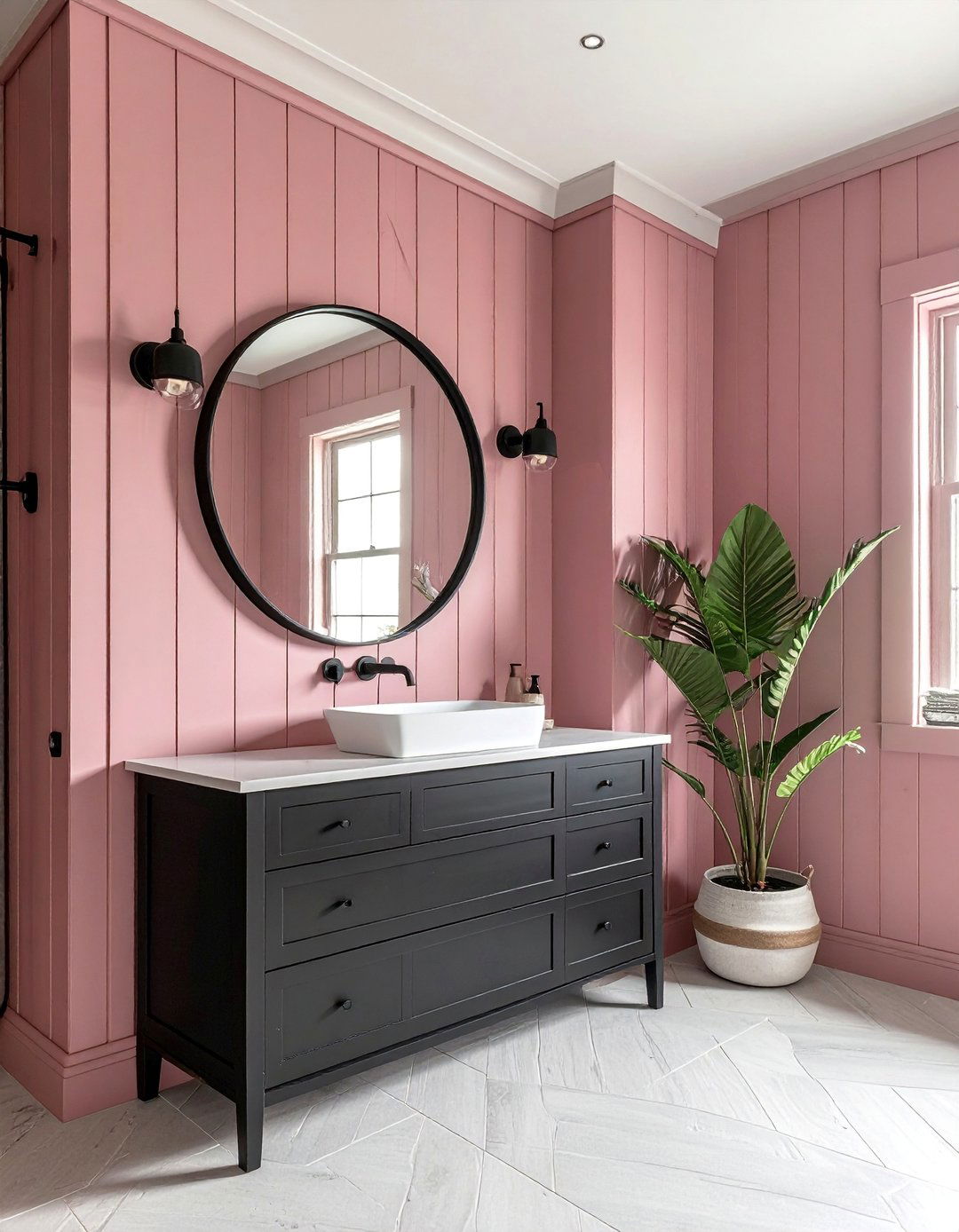 Pink and Black Bathroom with Vertical Shiplap Walls - 25 Pink and Black Bathroom Ideas for a Bold and Chic Design