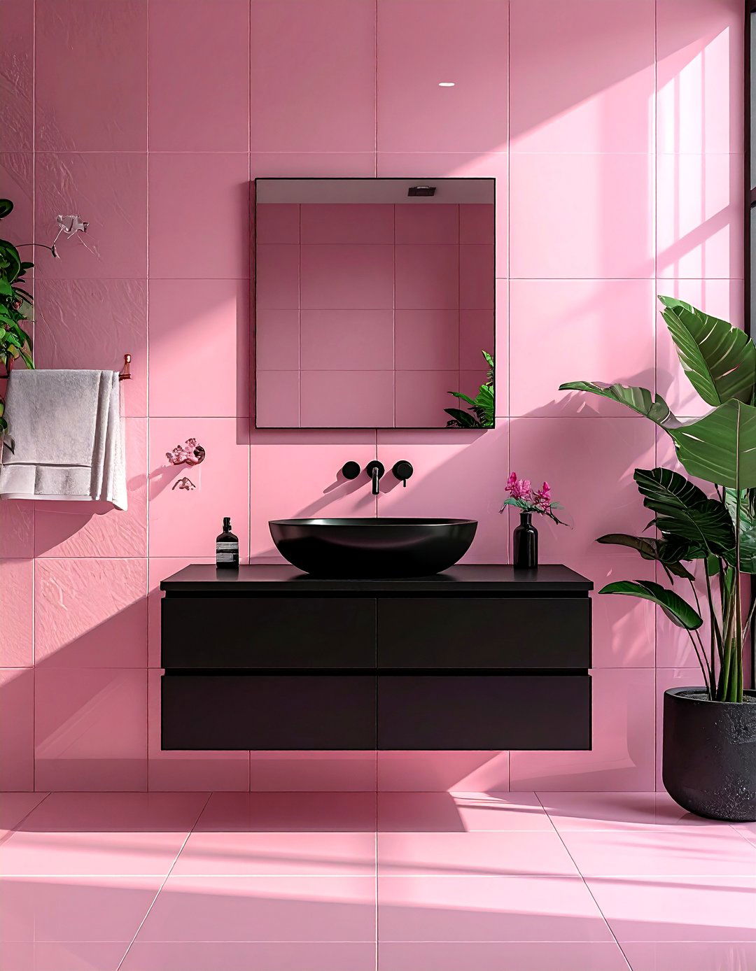 Pink and Black Bathroom with a Floating Black Vanity - 25 Pink and Black Bathroom Ideas for a Bold and Chic Design
