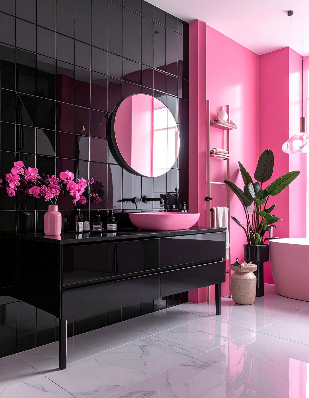 Pink and Black Bathroom with a Mirrored Accent Wall - 25 Pink and Black Bathroom Ideas for a Bold and Chic Design