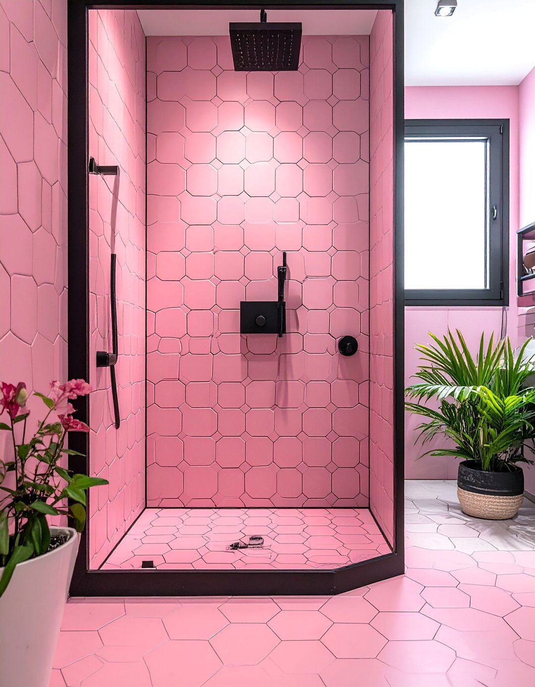 Pink and Black Bathroom with a Pink Tiled Shower - 25 Pink and Black Bathroom Ideas for a Bold and Chic Design