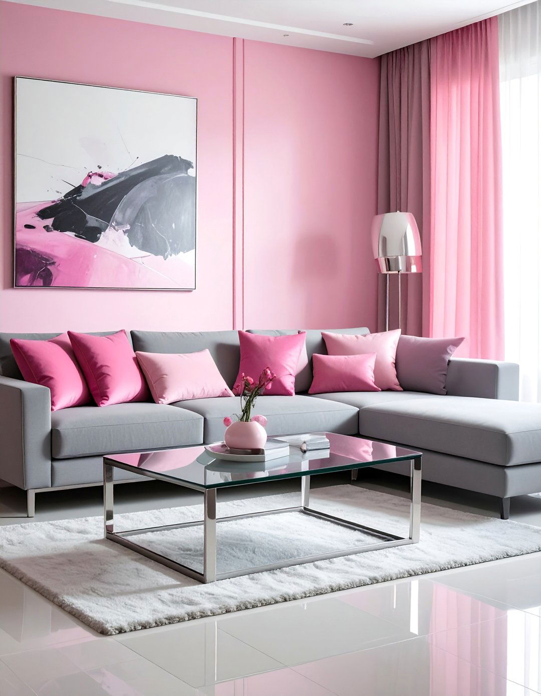 Pink and Grey Living Room with Chrome and Glass - 25 Pink and Grey Living Room Ideas for a Modern Look