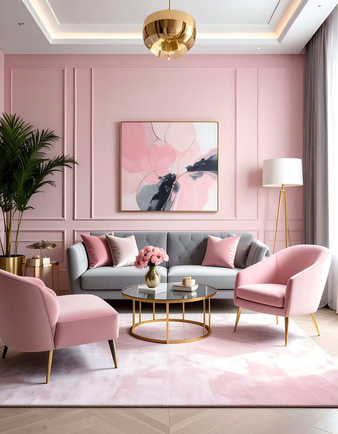 Pink and Grey Living Room with Gold Accents - 25 Pink and Grey Living Room Ideas for a Modern Look