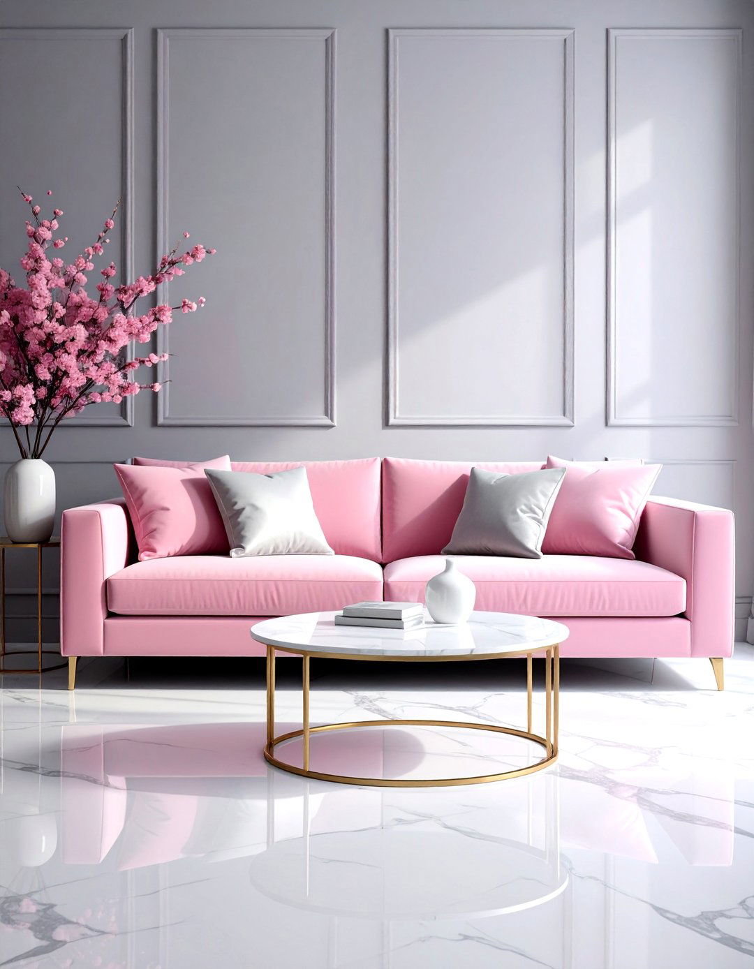 Pink and Grey Living Room with Marble Accents - 25 Pink and Grey Living Room Ideas for a Modern Look