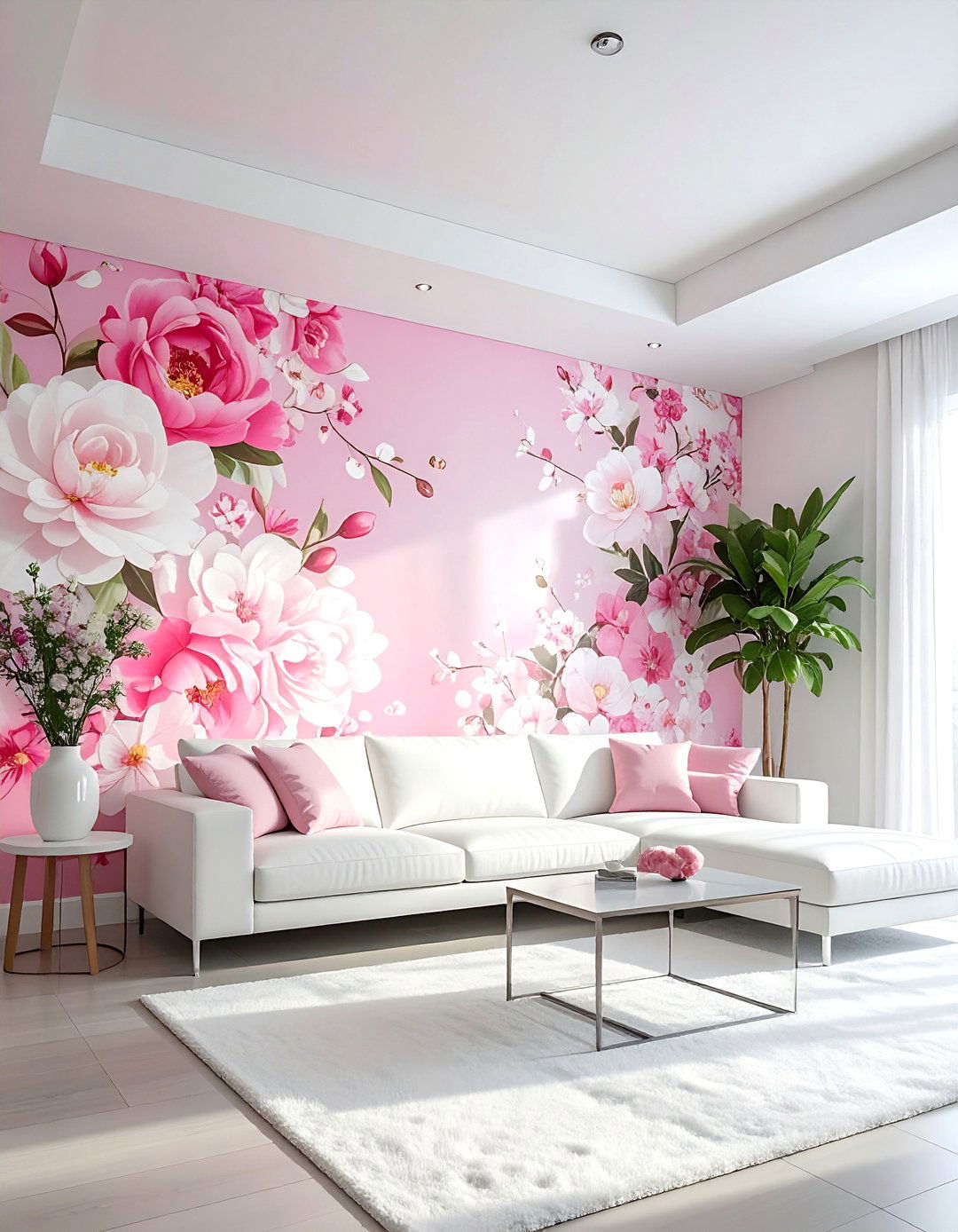 Pink and White Floral Wallpaper Accent Wall - 20 Pink and White Living Room Ideas for a Cozy Look