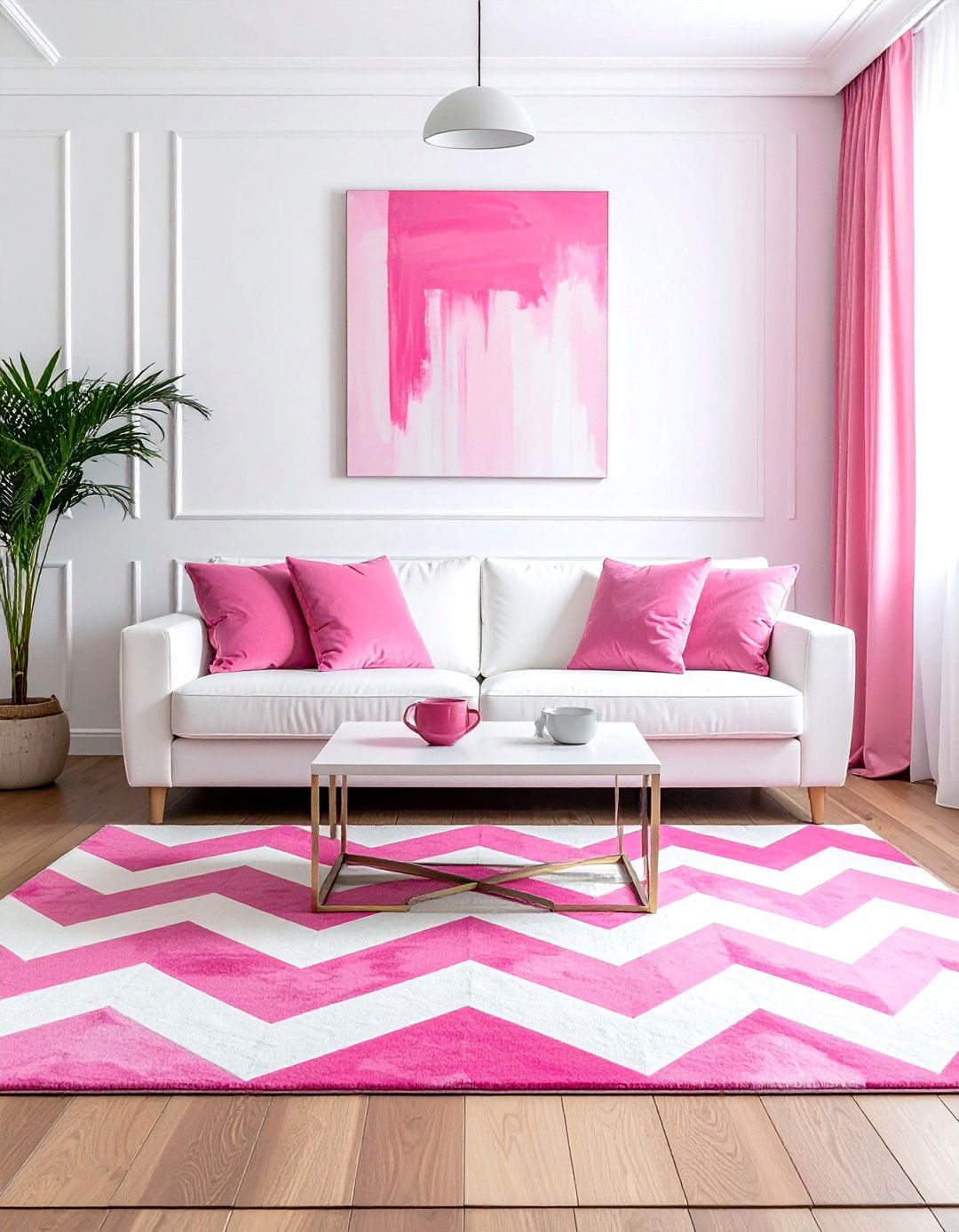 Pink and White Geometric Area Rug - 20 Pink and White Living Room Ideas for a Cozy Look