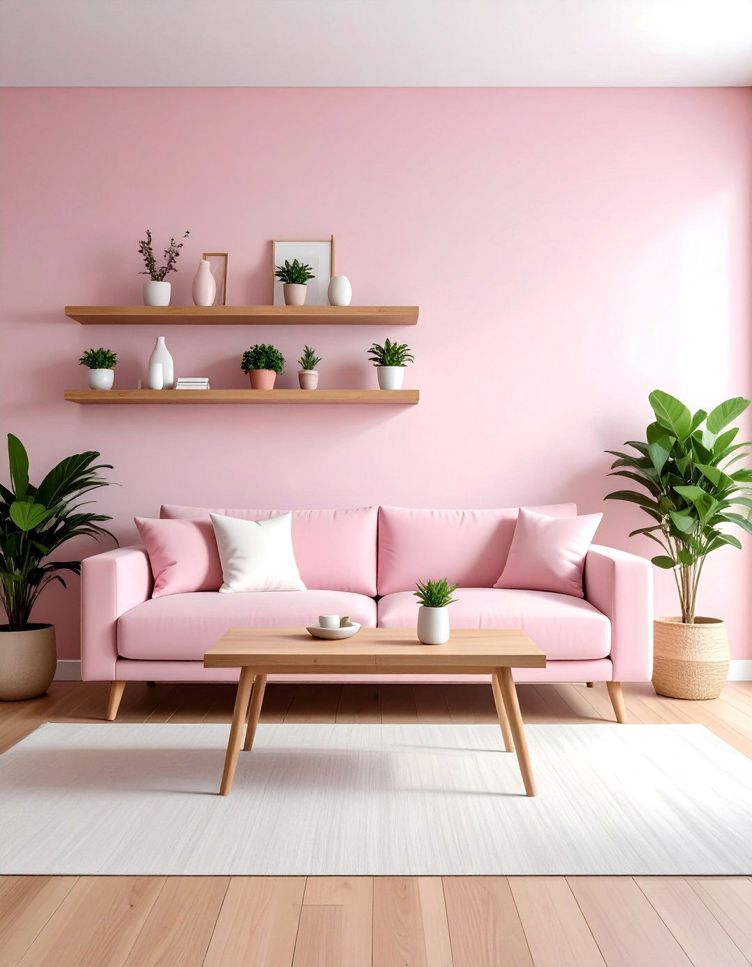 Pink and White Room with Natural Wood Elements - 20 Pink and White Living Room Ideas for a Cozy Look
