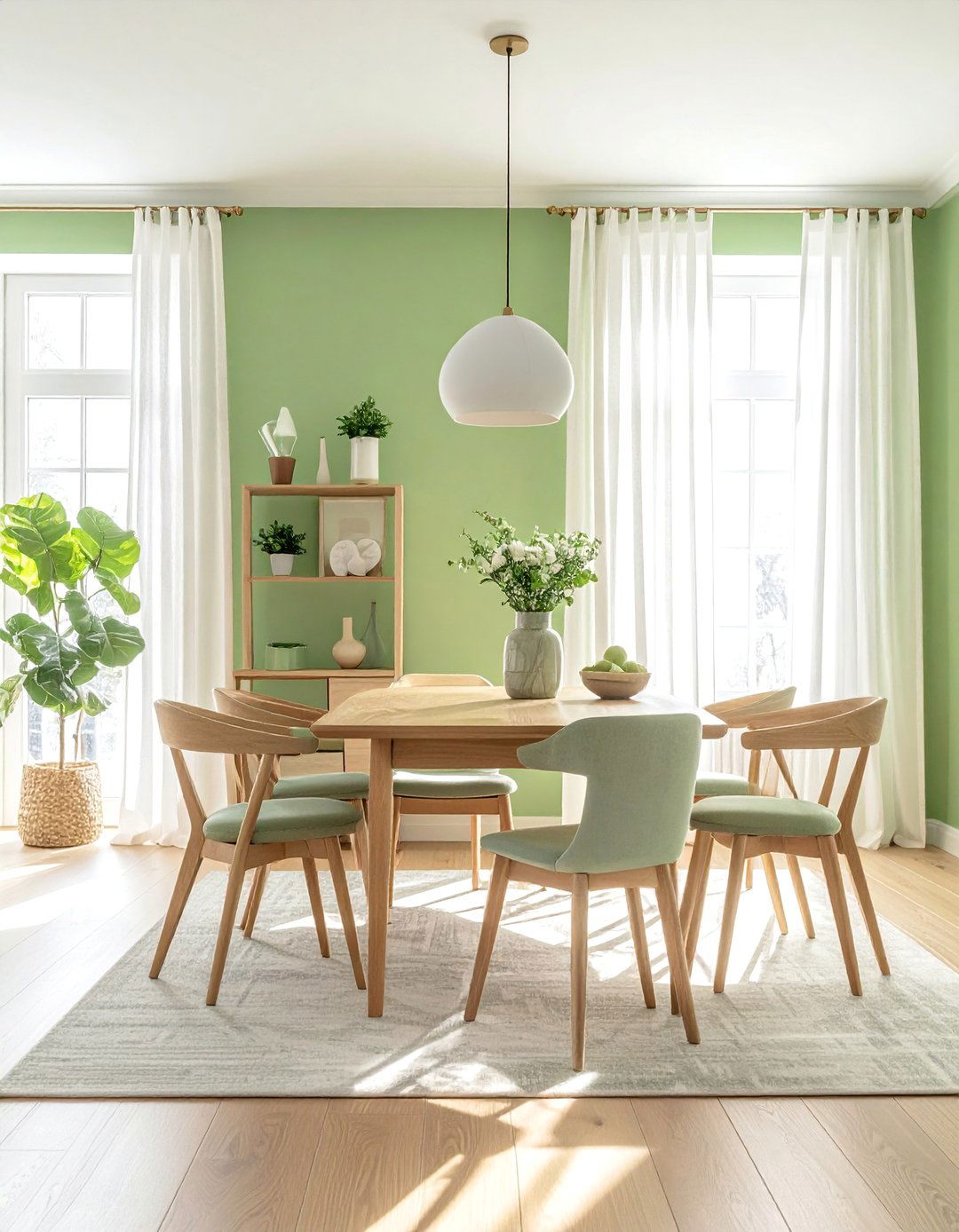 Pistachio Green Dining Room with Light and Airy Curtains - 40 Green Dining Room Ideas for a Fresh Look