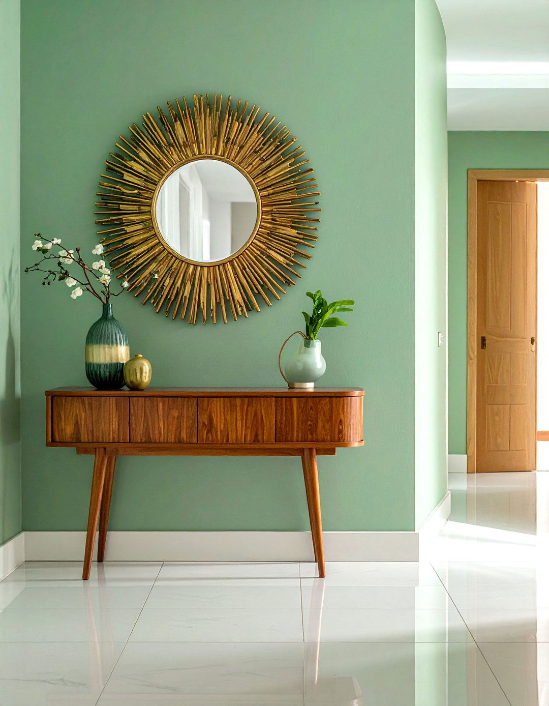Pistachio Green Hallway with Mid Century Modern Furniture - 20 Green Hallway Ideas for a Fresh and Inviting Space