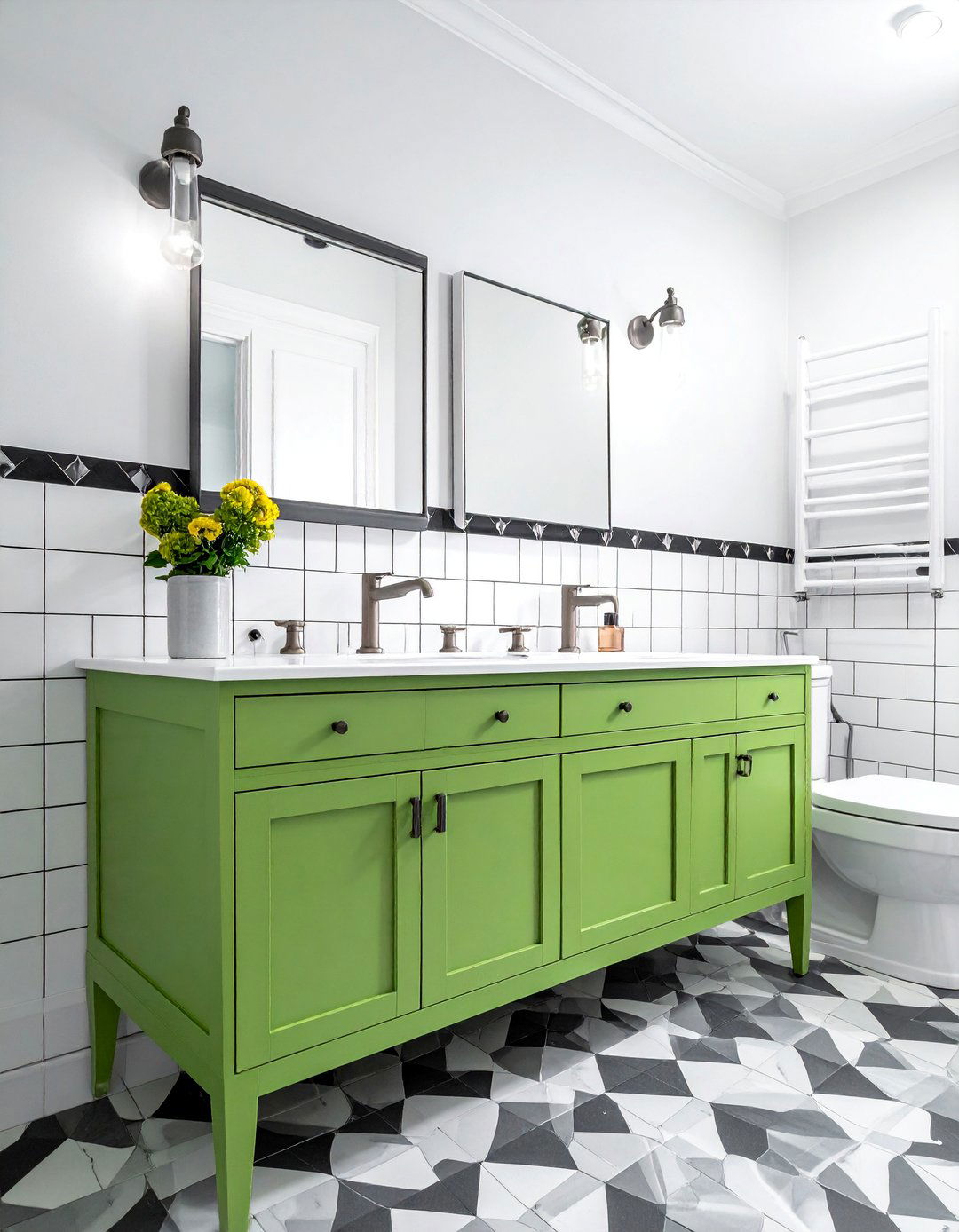 Pistachio Green Vanity with Patterned Floor Tile - 15 Gorgeous Bathroom Designs Featuring Green Vanities