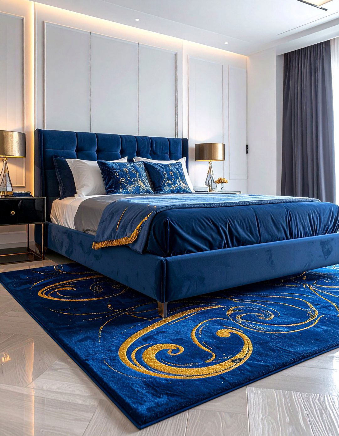 Plush Blue Area Rug with a Gold Abstract Design - 20 Blue and Gold Bedroom Ideas for a Luxurious Look