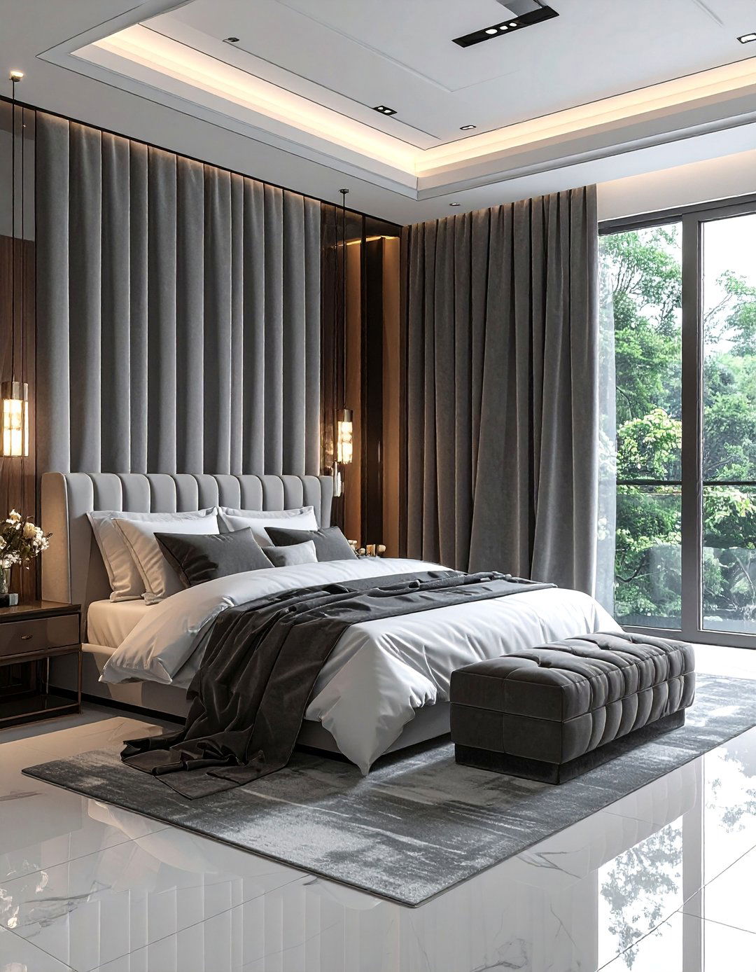 Plush Grey Velvet Curtains - 40 Grey and White Bedroom Ideas for a Serene Retreat