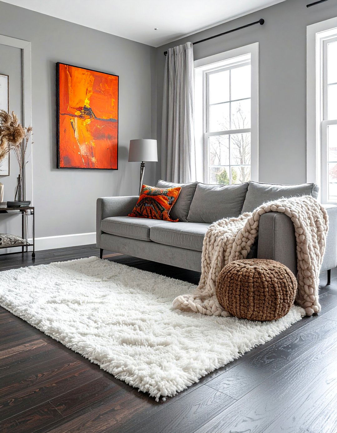 Plush Textured Fabrics for Coziness - 20 Grey Living Room With Dark Wood Floors Ideas