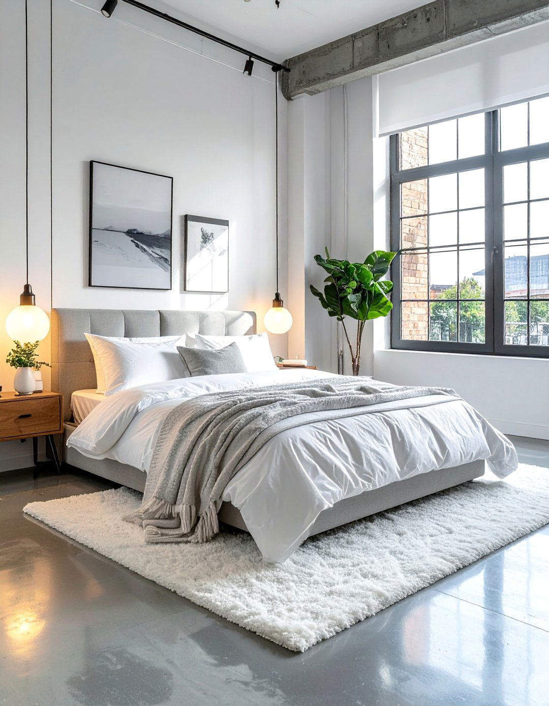 Polished Concrete Floors with White Furnishings - 40 Grey and White Bedroom Ideas for a Serene Retreat